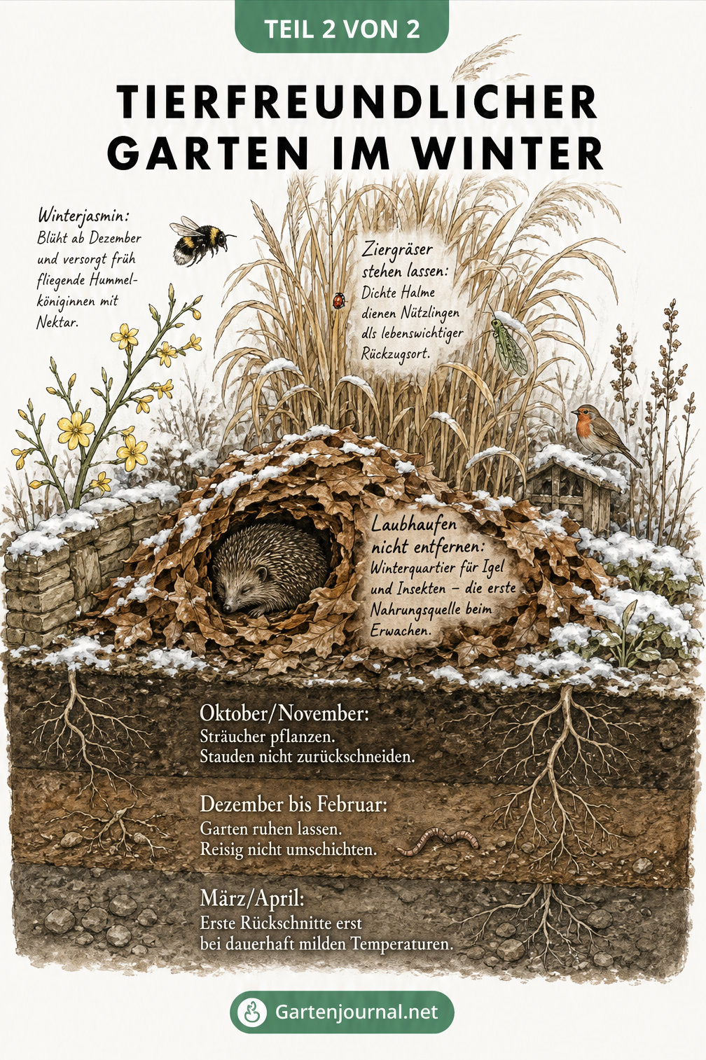 Illustration eines tierfreundlichen Gartens im Winter mit Chinaschilf, Laubhaufen und Winterjasmin