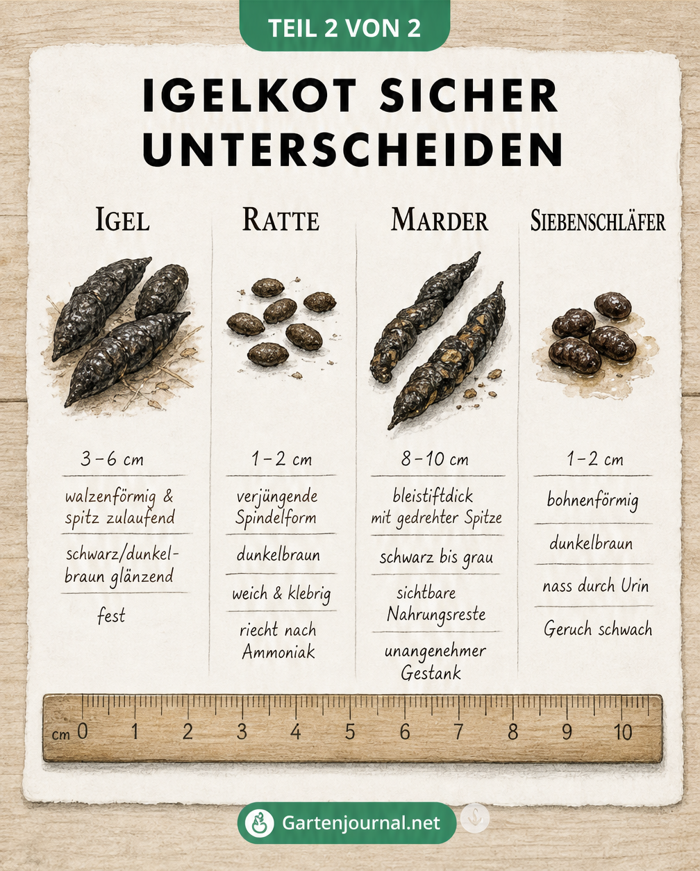 Vergleich von Igelkot, Rattenkot, Marderkot und Siebenschläferkot mit Lineal zur Größenbestimmung