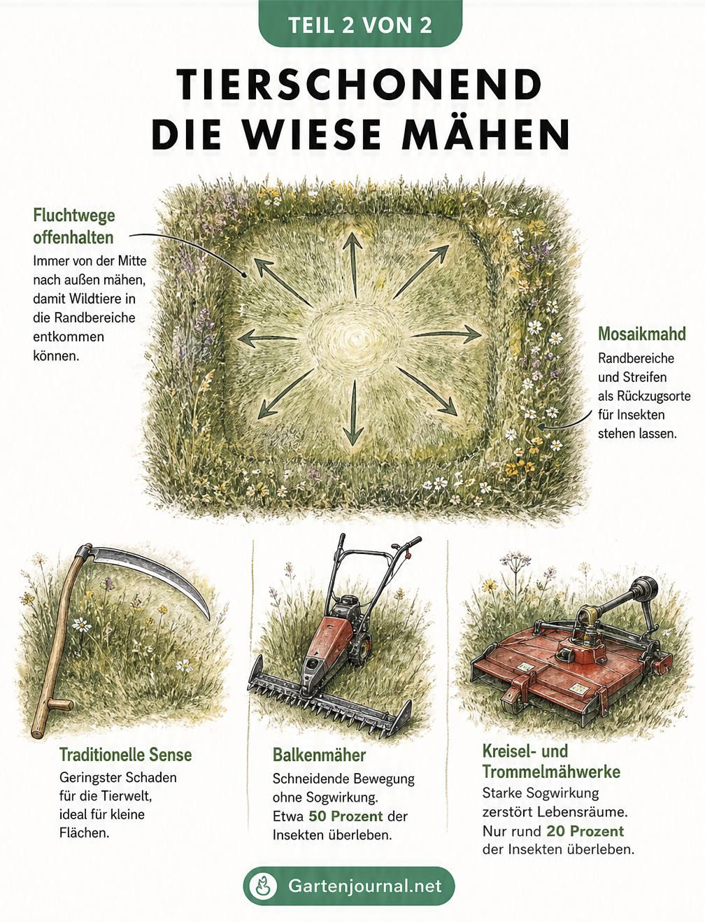Vergleich von Mähwerkzeugen und Mährichtungen zum Schutz von Insekten und Wildtieren