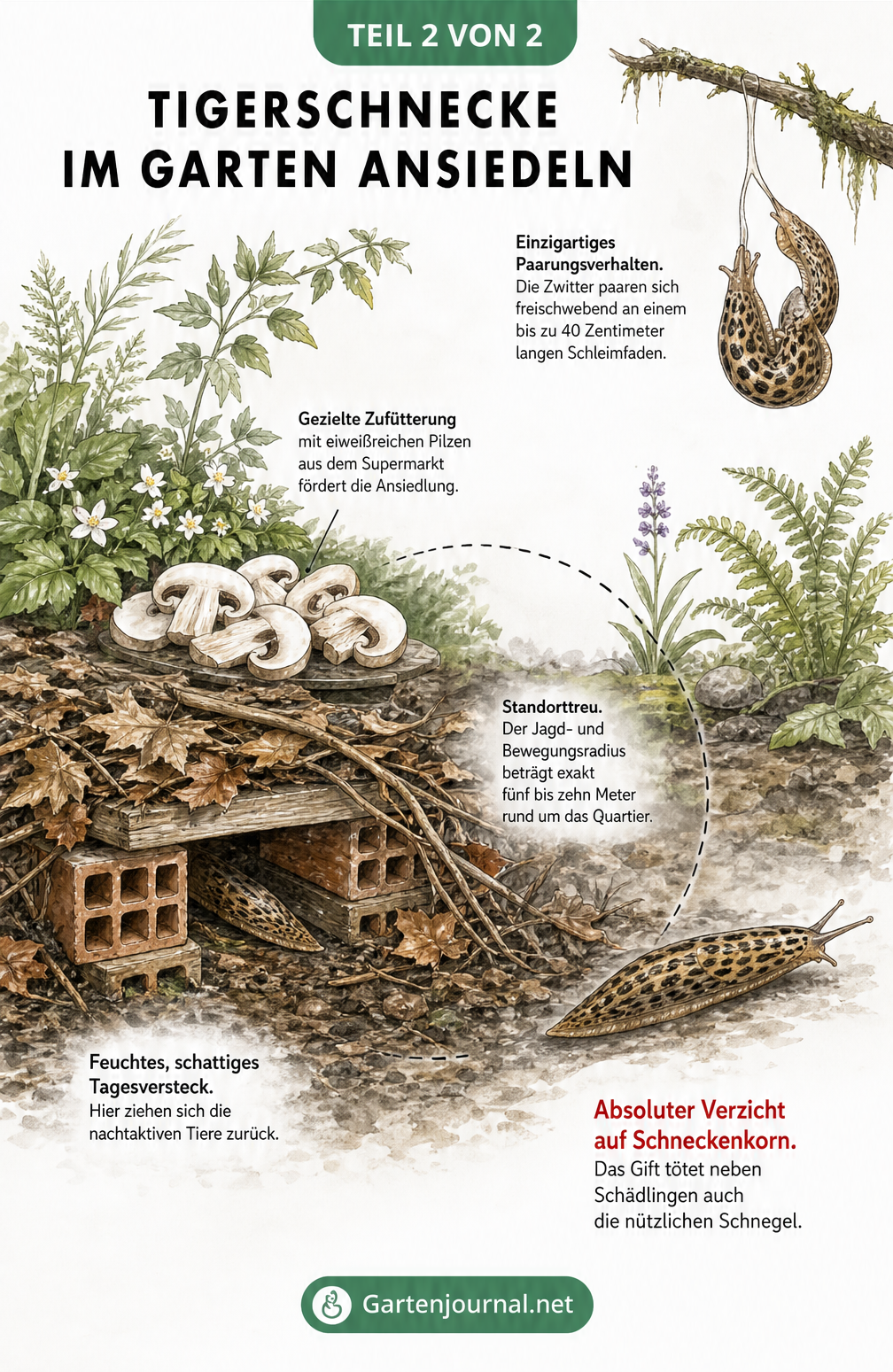 Querschnitt eines Gartenbeets mit Unterschlupf für Tigerschnecken aus Ziegeln, Holz und Laub