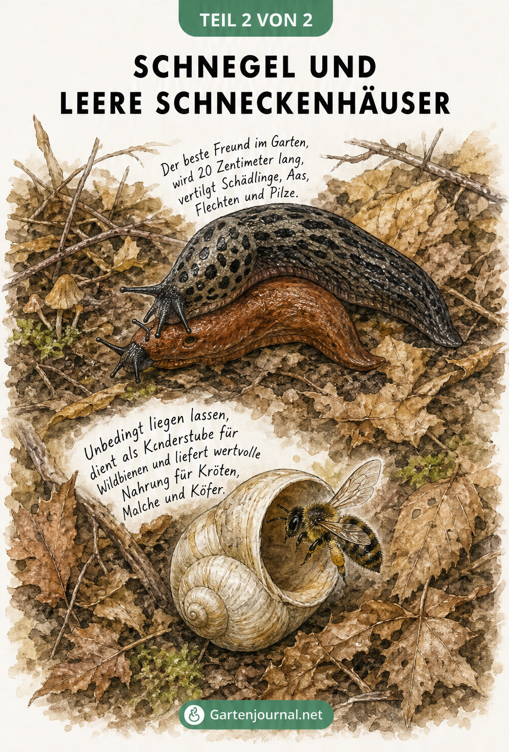 Illustration eines Tigerschnegels, der eine Spanische Wegschnecke frisst, und einer Wildbiene, die in ein leeres Schneckenhaus fliegt.