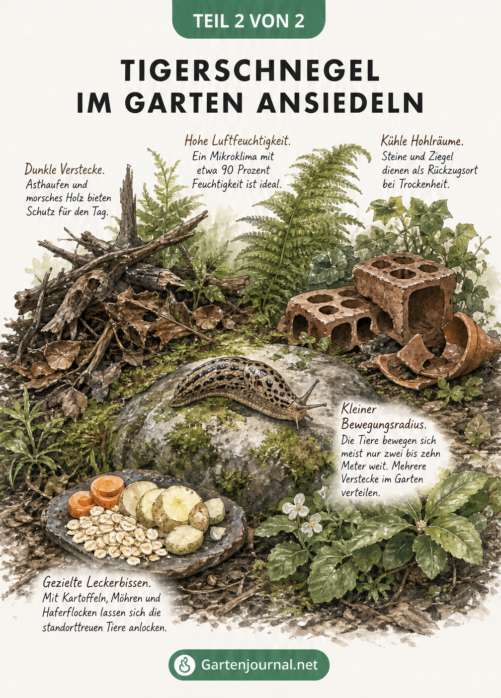 Isometrische Garten-Illustration, die zeigt, wie man Tigerschnegel mit Totholz, Ziegeln und Futter anlockt