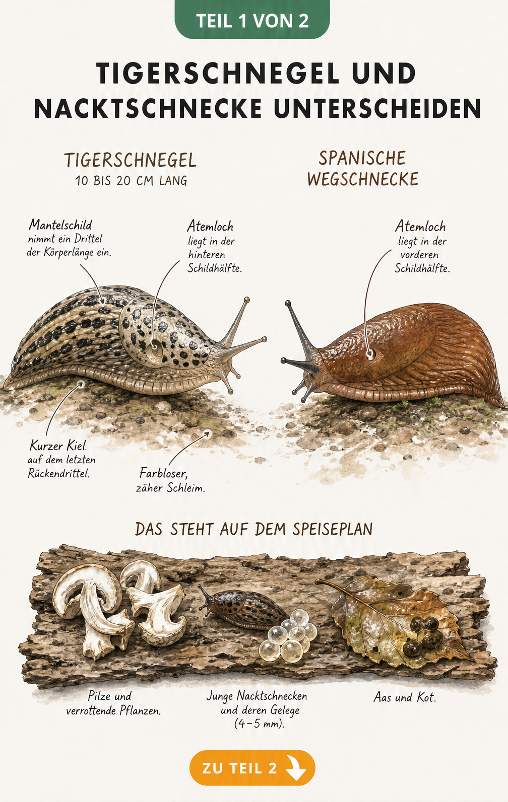 Illustration der Unterschiede zwischen Tigerschnegel und Spanischer Wegschnecke mit Fokus auf Mantelschild, Atemloch und Nahrung