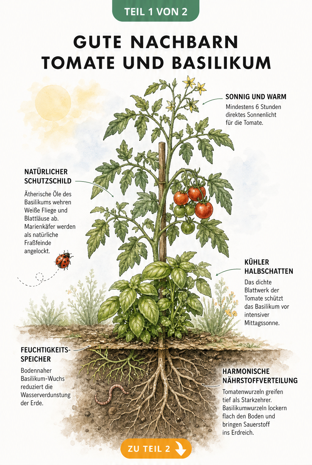 Botanische Querschnitt-Illustration eines Gartenbeets mit Tomate und Basilikum, die das Zusammenspiel ober- und unterhalb der Erde zeigt.