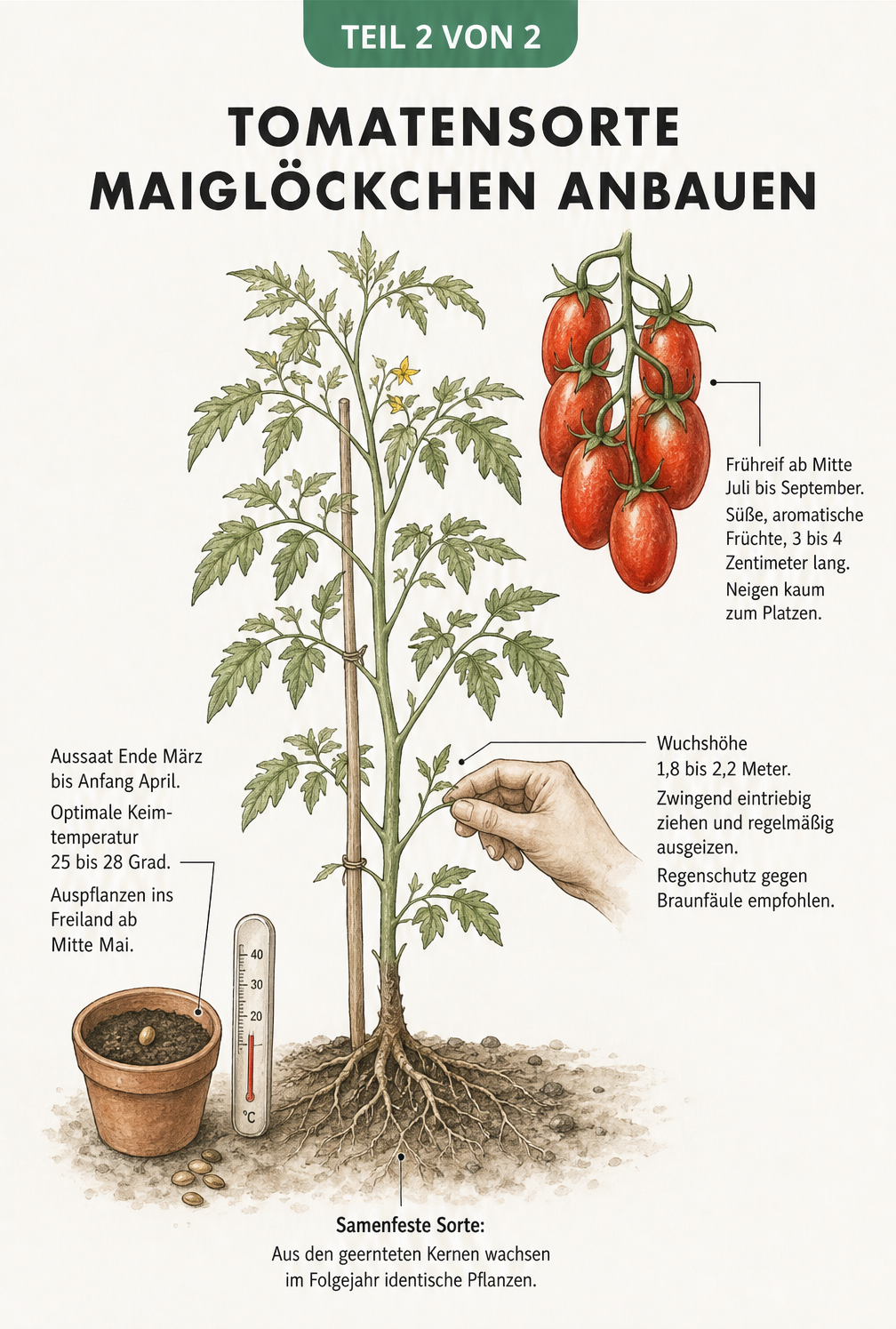 Illustration der Tomatensorte Maiglöckchen mit Details zu Wuchshöhe, Früchten und Anzucht