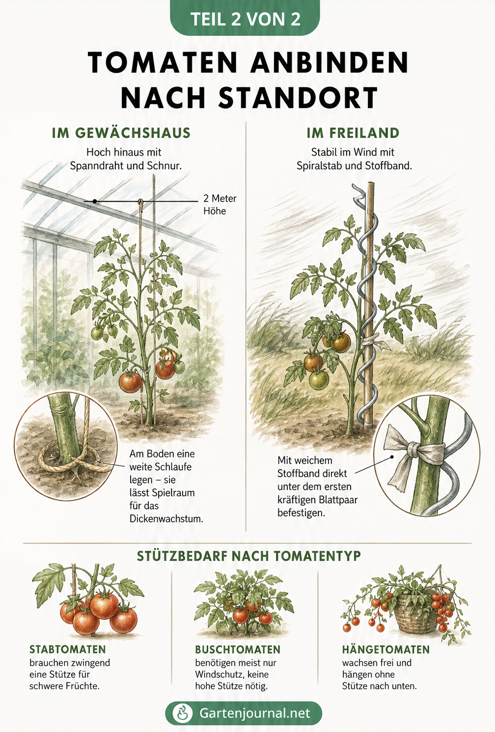 Illustration zweier Anbausituationen: Eine Stabtomate im Gewächshaus an einer vertikalen Schnur und eine Freilandtomate an einem Spiralstab.