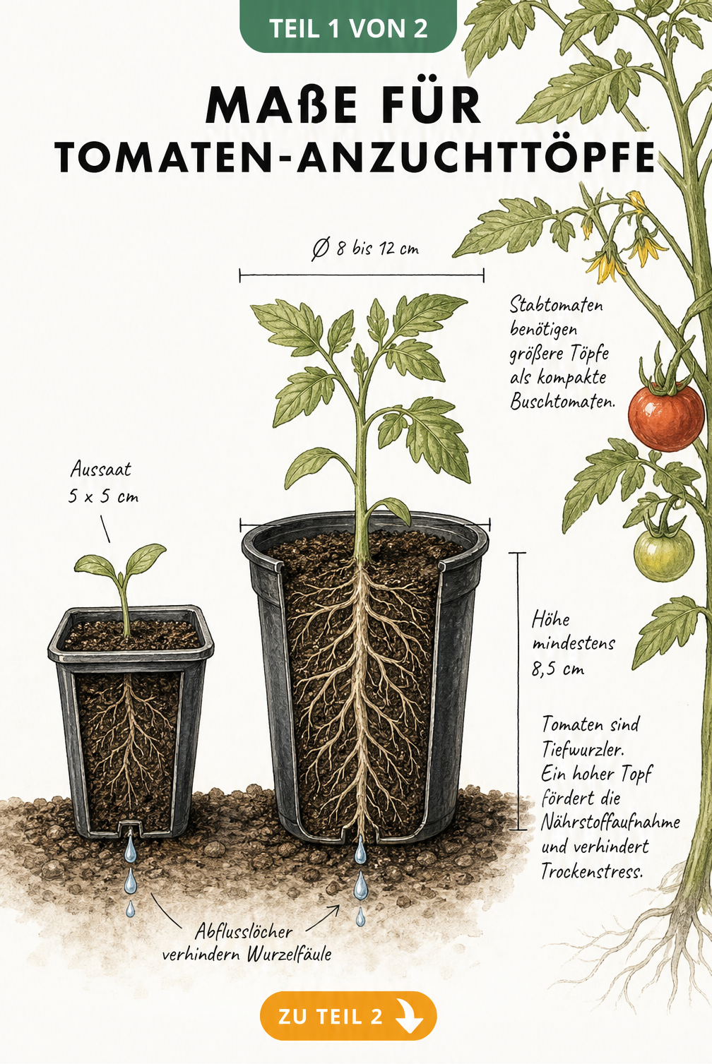 Botanische Querschnittszeichnung von zwei Tomaten-Anzuchttöpfen im Erdreich, die das Wurzelwachstum und die Maße für Aussaat und Umtopfen zeigen.