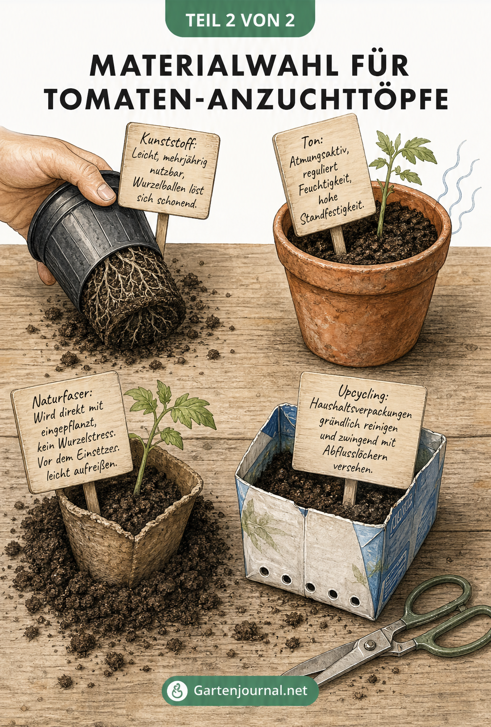 Illustration eines Pflanztisches mit vier verschiedenen Anzuchttöpfen für Tomaten: Kunststoff, Ton, Naturfaser und ein Upcycling-Tetra-Pack.