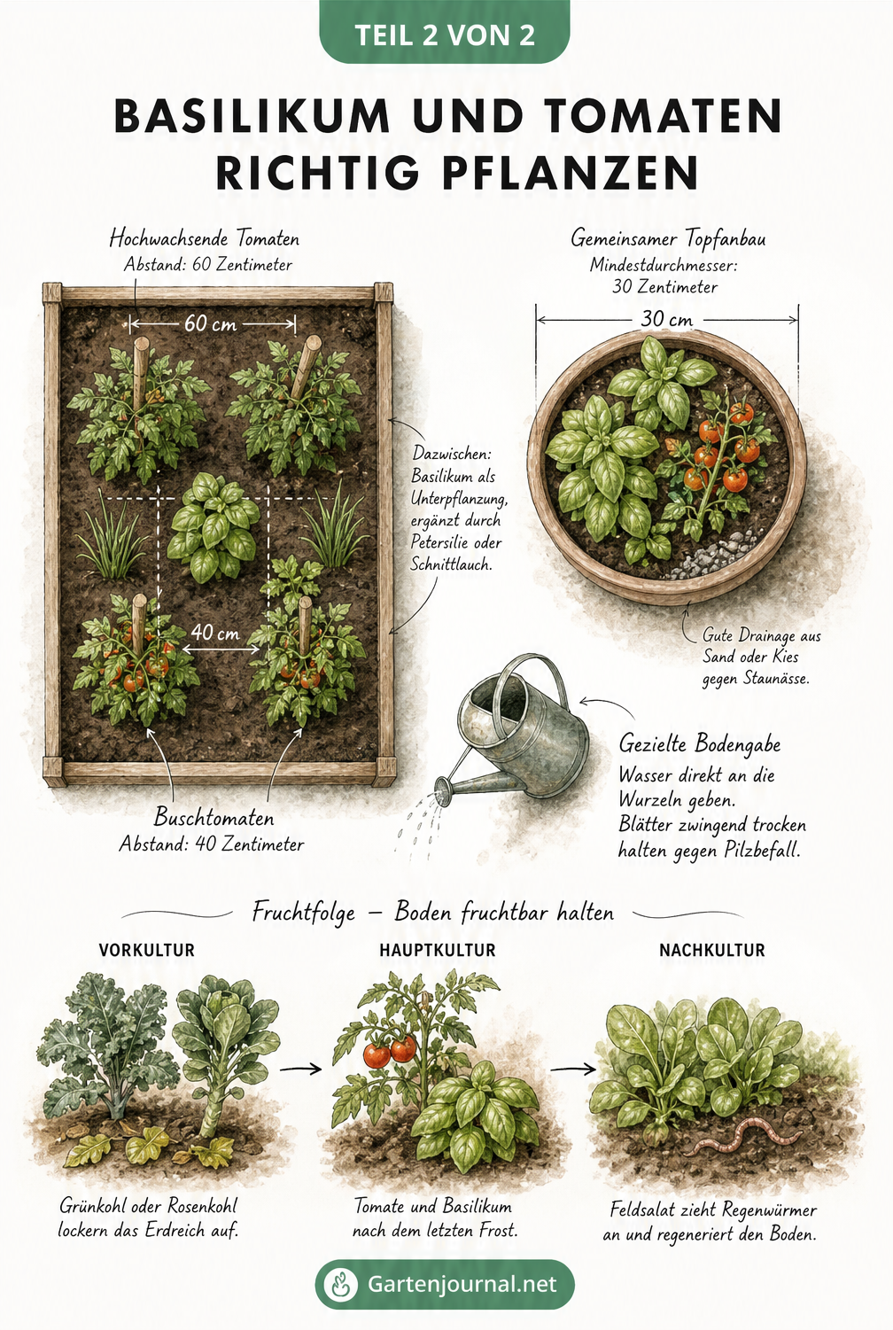 Handgezeichneter Pflanzplan für Tomaten und Basilikum im Beet und Topf mit Maßangaben und Hinweisen zur Bewässerung.