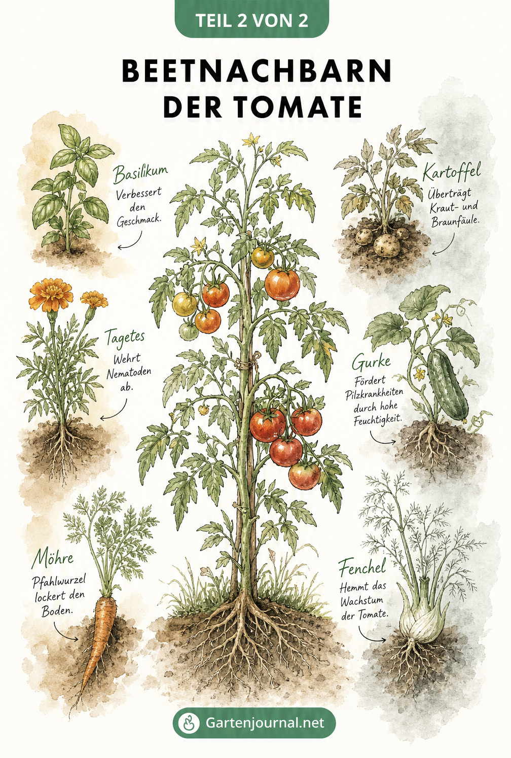 Illustration einer Tomatenpflanze mit guten und schlechten Beetnachbarn wie Basilikum, Tagetes, Kartoffeln und Gurken.
