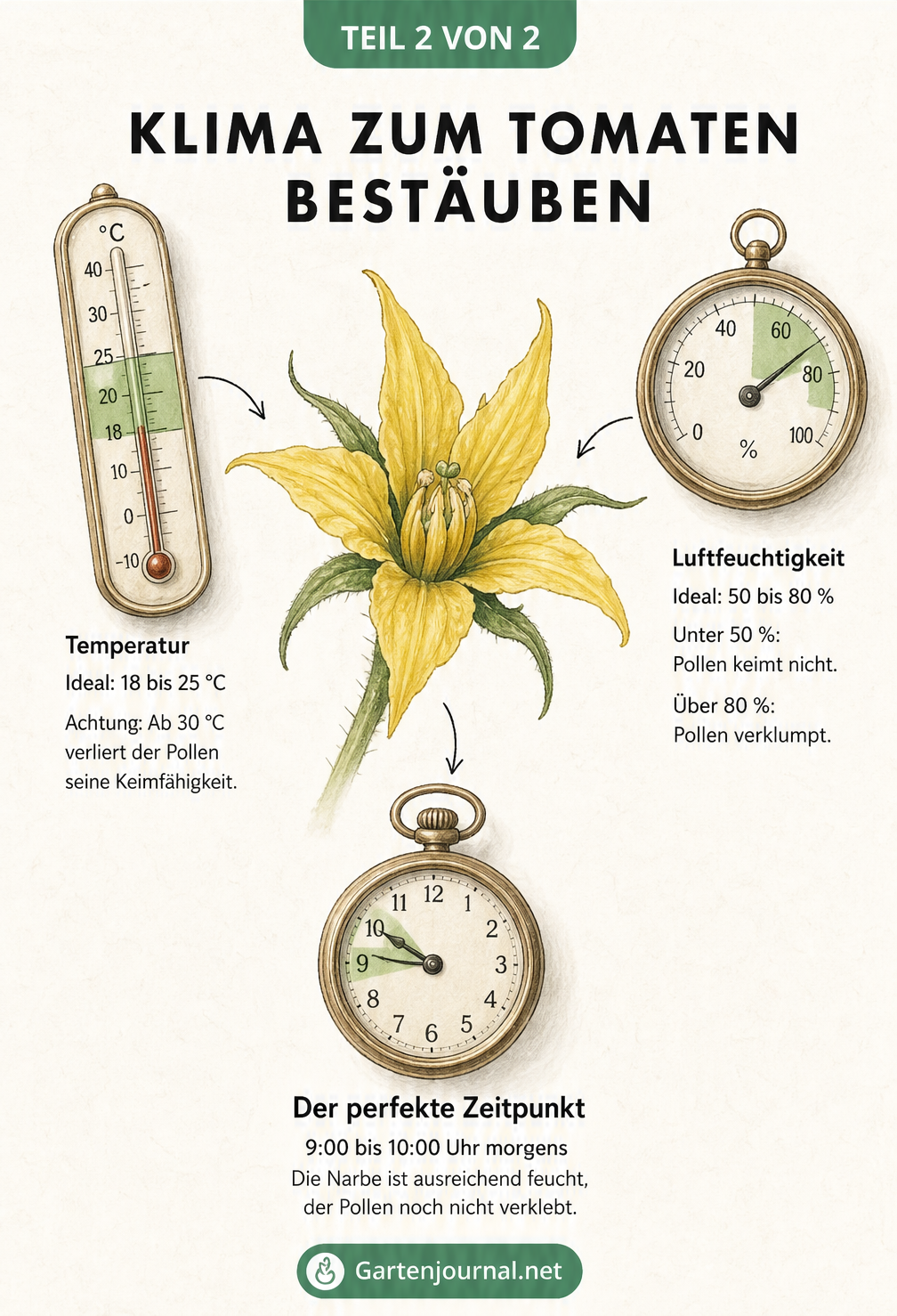 Vintage-Illustration einer Tomatenblüte mit Thermometer, Hygrometer und Uhr zur Anzeige der idealen Bestäubungsbedingungen