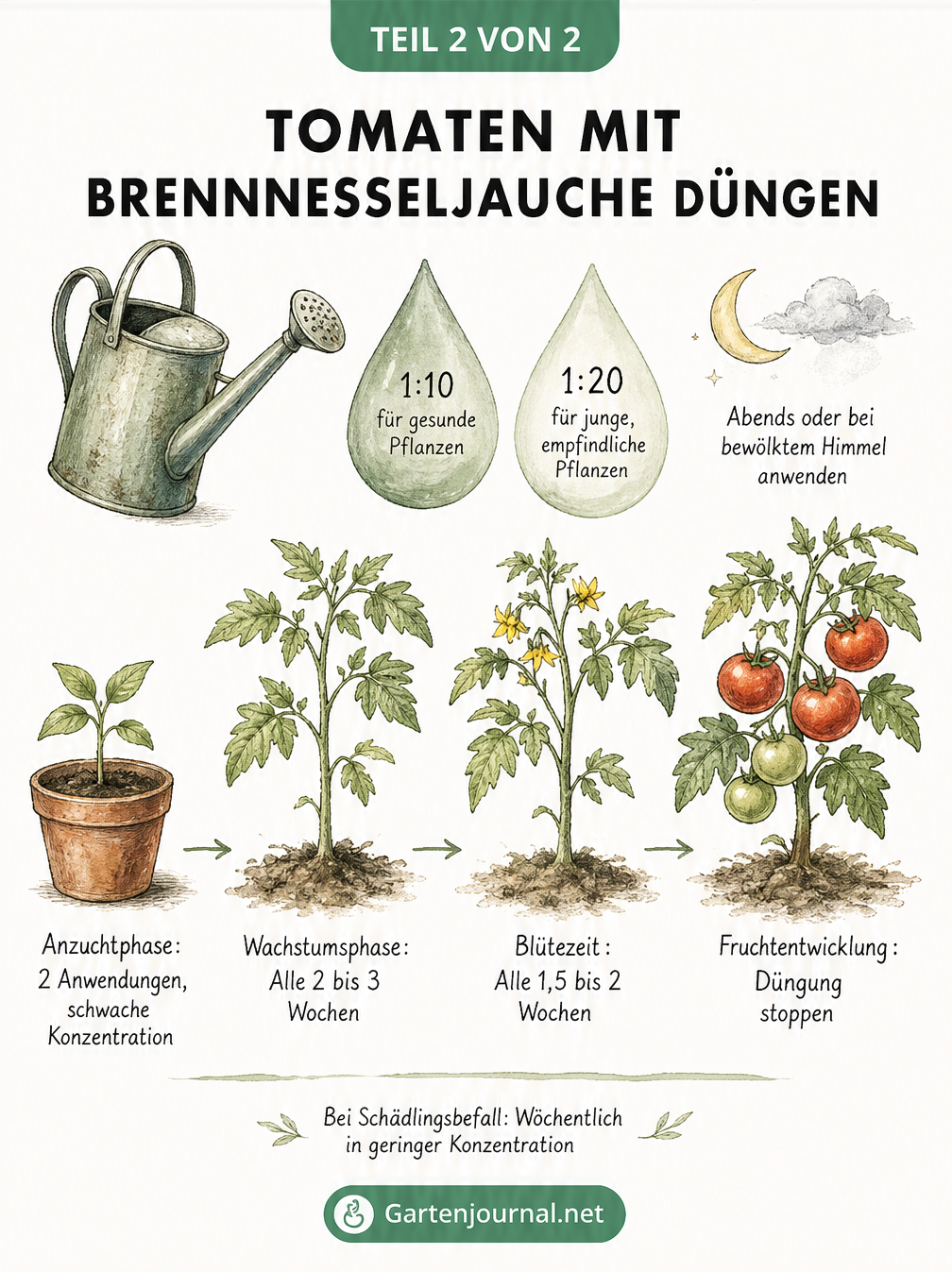 Zeitstrahl der Wachstumsphasen einer Tomatenpflanze mit den passenden Mischverhältnissen für Brennnesseljauche