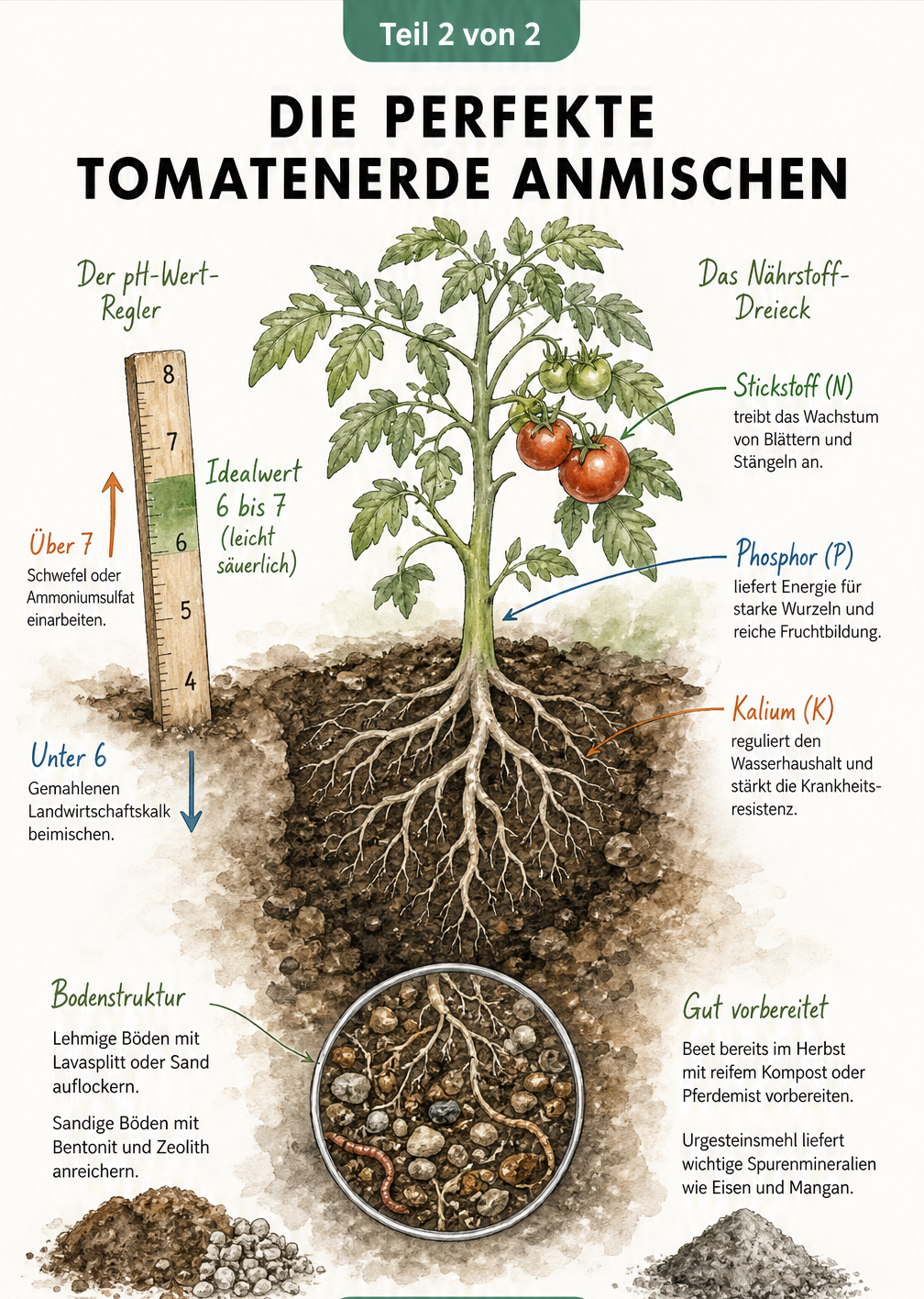 Detailliertes Schnittbild eines Gartenbeets mit einer Tomatenpflanze, das den idealen pH-Wert, wichtige Nährstoffe wie Stickstoff, Phosphor und Kalium sowie...