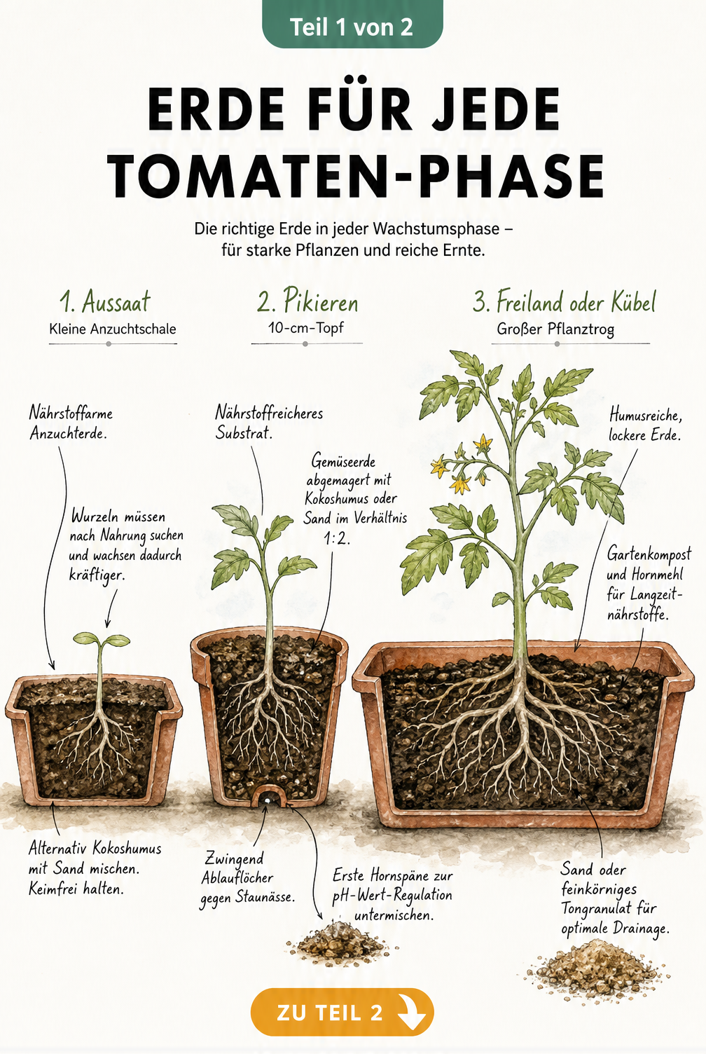 Illustration von drei Pflanzgefäßen im Querschnitt, die die Entwicklung einer Tomatenpflanze von der Aussaat bis zum Freiland zeigen, mit Hinweisen zur...