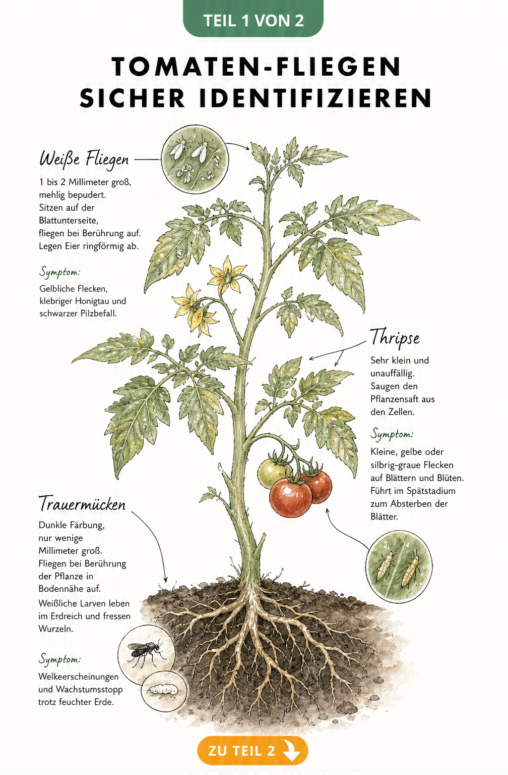 Botanische Illustration einer Tomatenpflanze mit Wurzelballen im Querschnitt, die Merkmale und Symptome von Trauermücken, Thripsen und Weißen Fliegen zeigt.