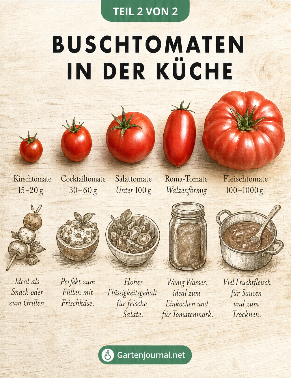 Illustration von fünf Tomatentypen nach Größe sortiert mit Skizzen zur idealen Verwendung in der Küche