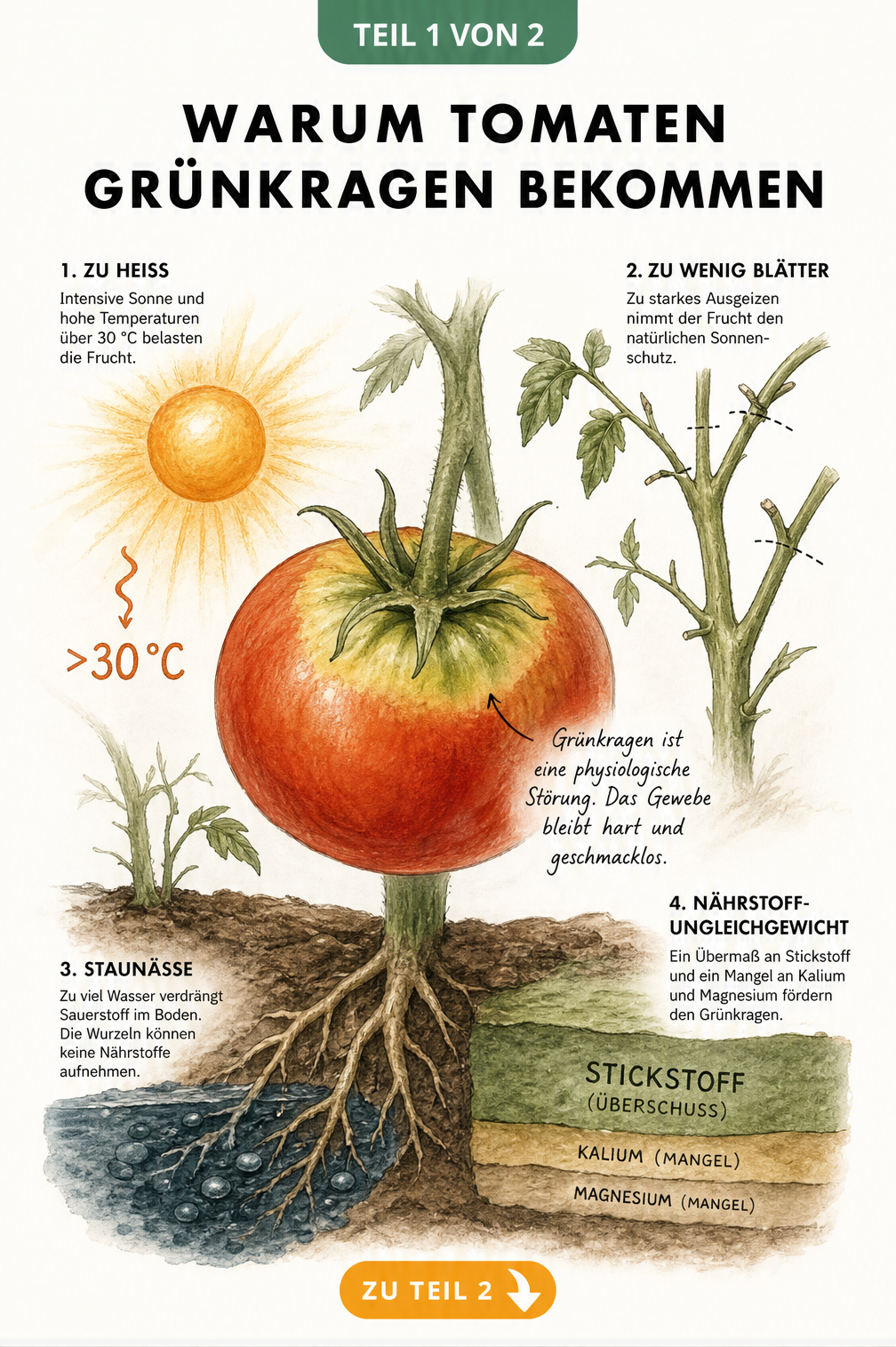 Botanische Illustration einer Tomate mit Grünkragen und den vier Hauptursachen: Hitze, fehlender Sonnenschutz, Staunässe und Nährstoff-Ungleichgewicht