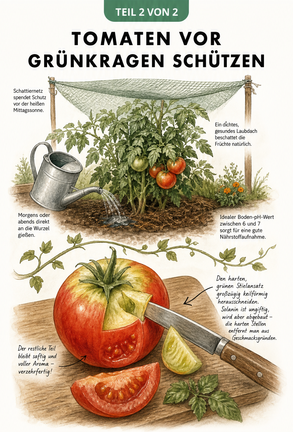 Illustration einer beschatteten Tomatenpflanze im Beet und einer angeschnittenen Tomate auf einem Holzbrett, bei der der Grünkragen entfernt wird