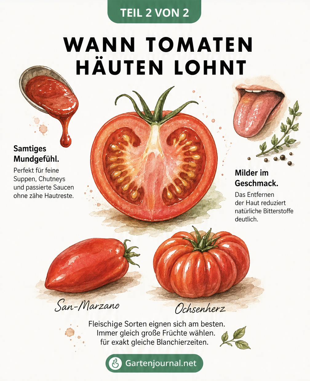Vier Schritte zum Tomaten häuten: Einritzen, Blanchieren, Eisbad und Abziehen der Haut.