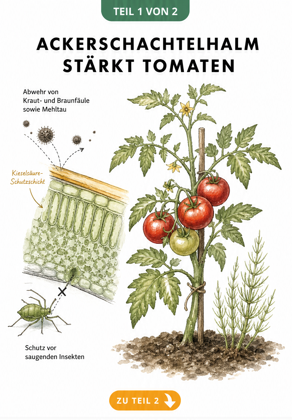 Botanische Illustration einer Tomatenpflanze mit mikroskopischer Schnittdarstellung der Zellstruktur und Kieselsäure-Schutzschicht gegen Pilzsporen und...