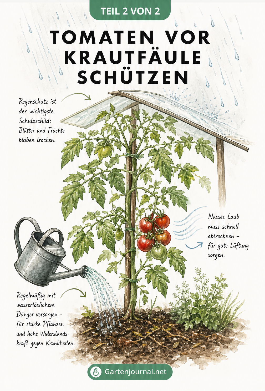 Zeichnung einer gesunden Tomatenpflanze mit Regenschutz, guter Belüftung und Düngung als Schutz vor Krautfäule.