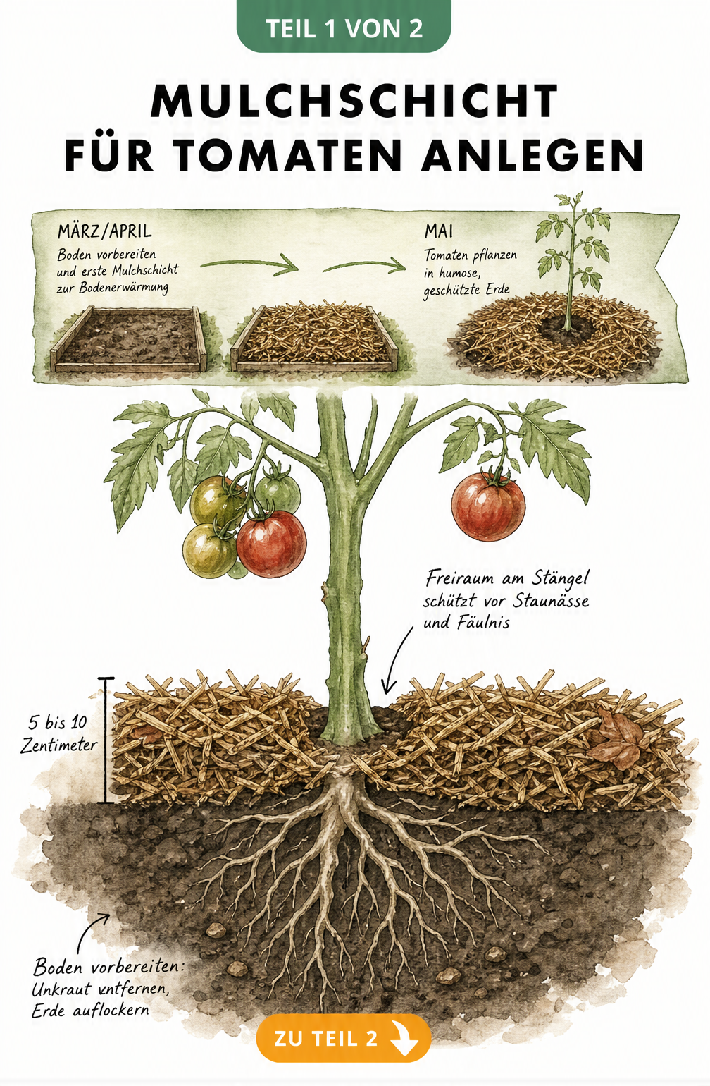 Querschnitt-Illustration einer Tomatenpflanze mit 5 bis 10 Zentimeter dicker Mulchschicht und Zeitstrahl von März bis Mai
