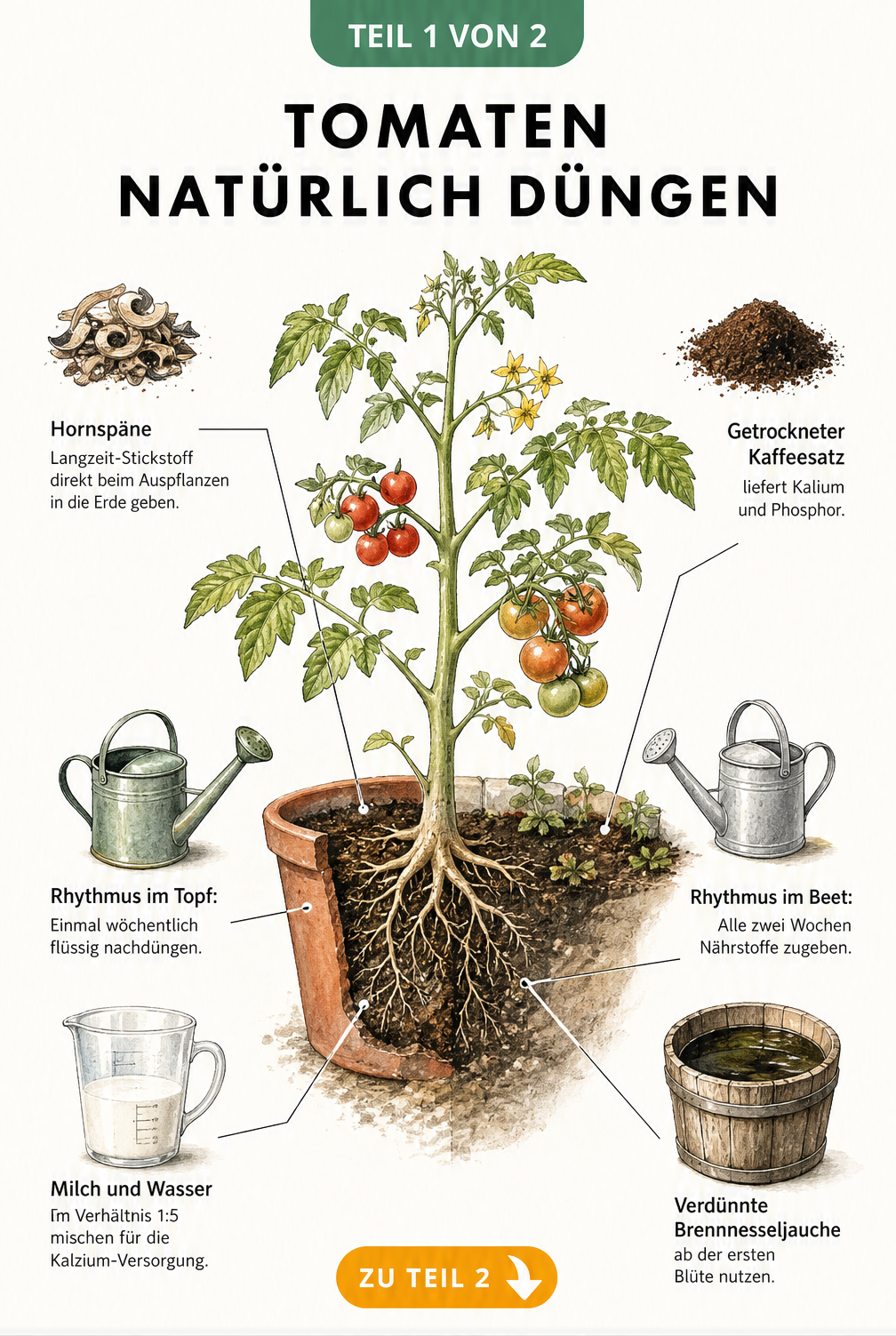Botanische Illustration einer Tomatenpflanze im Kübel und Beet mit Tipps zum natürlichen Düngen wie Hornspäne, Kaffeesatz und Brennnesseljauche.