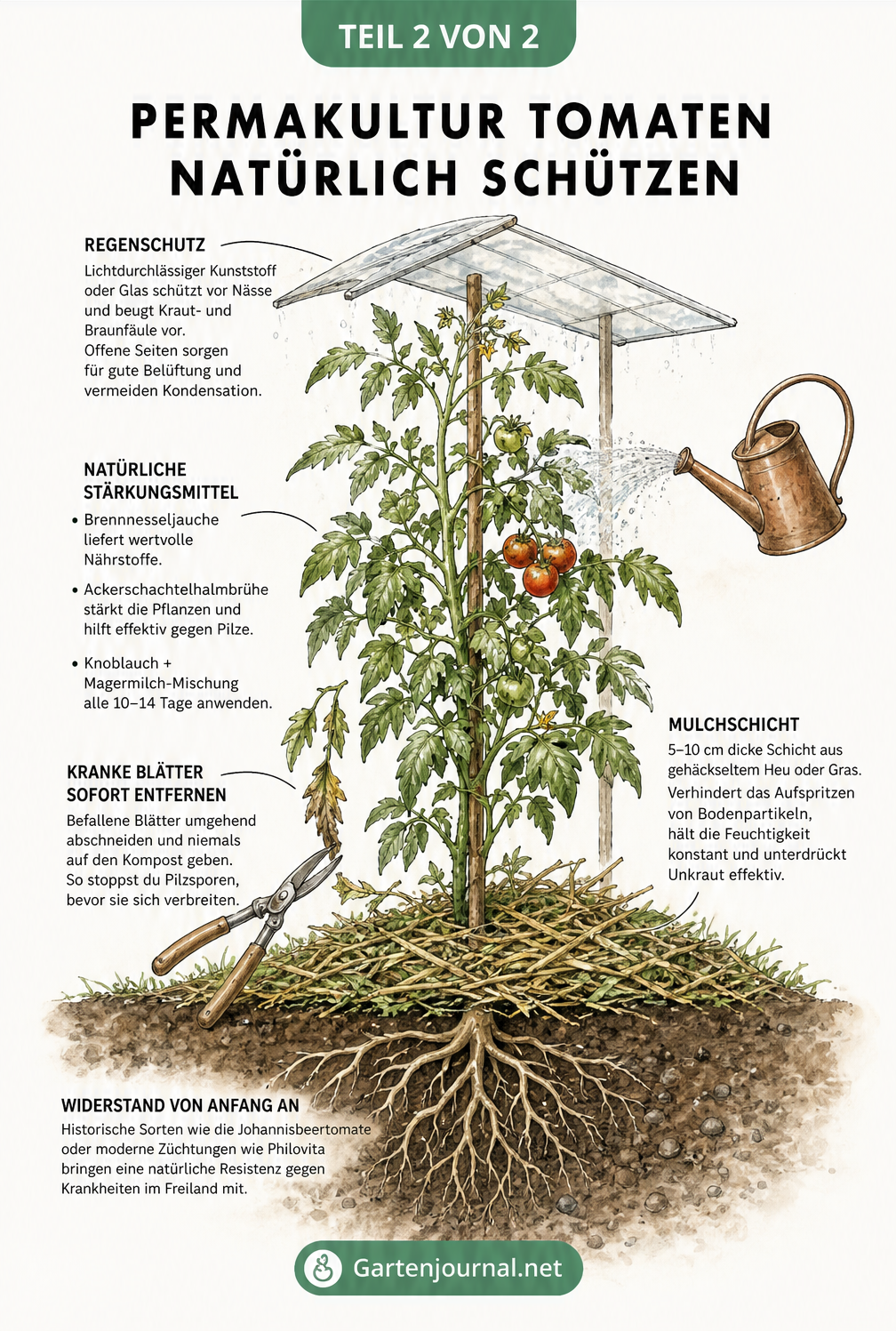 Querschnitt einer Stabtomate mit Regendach, Mulchschicht und natürlichen Stärkungsmitteln wie Brennnesseljauche.