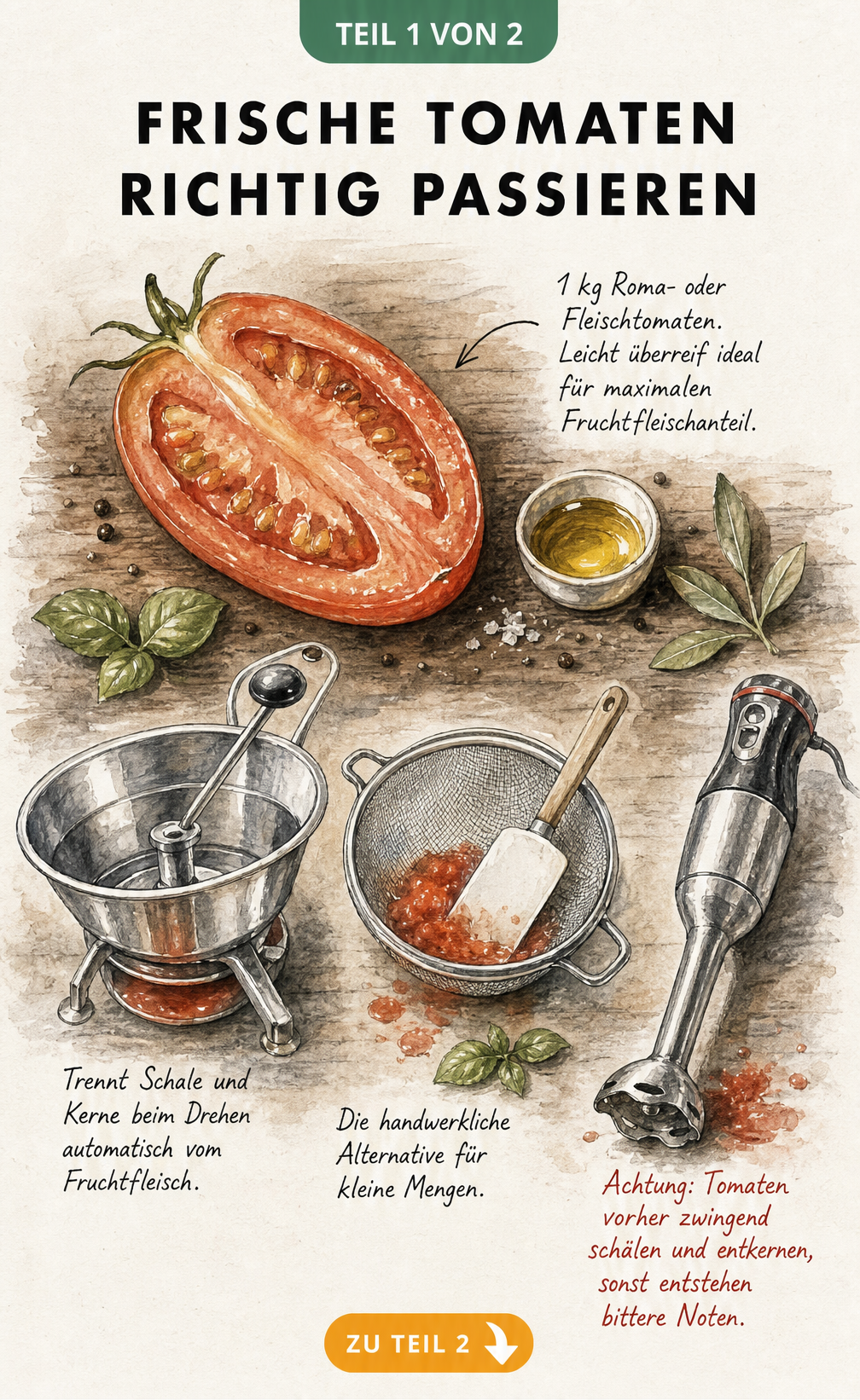 Illustration von Werkzeugen zum Tomaten passieren: Flotte Lotte, Küchensieb und Pürierstab