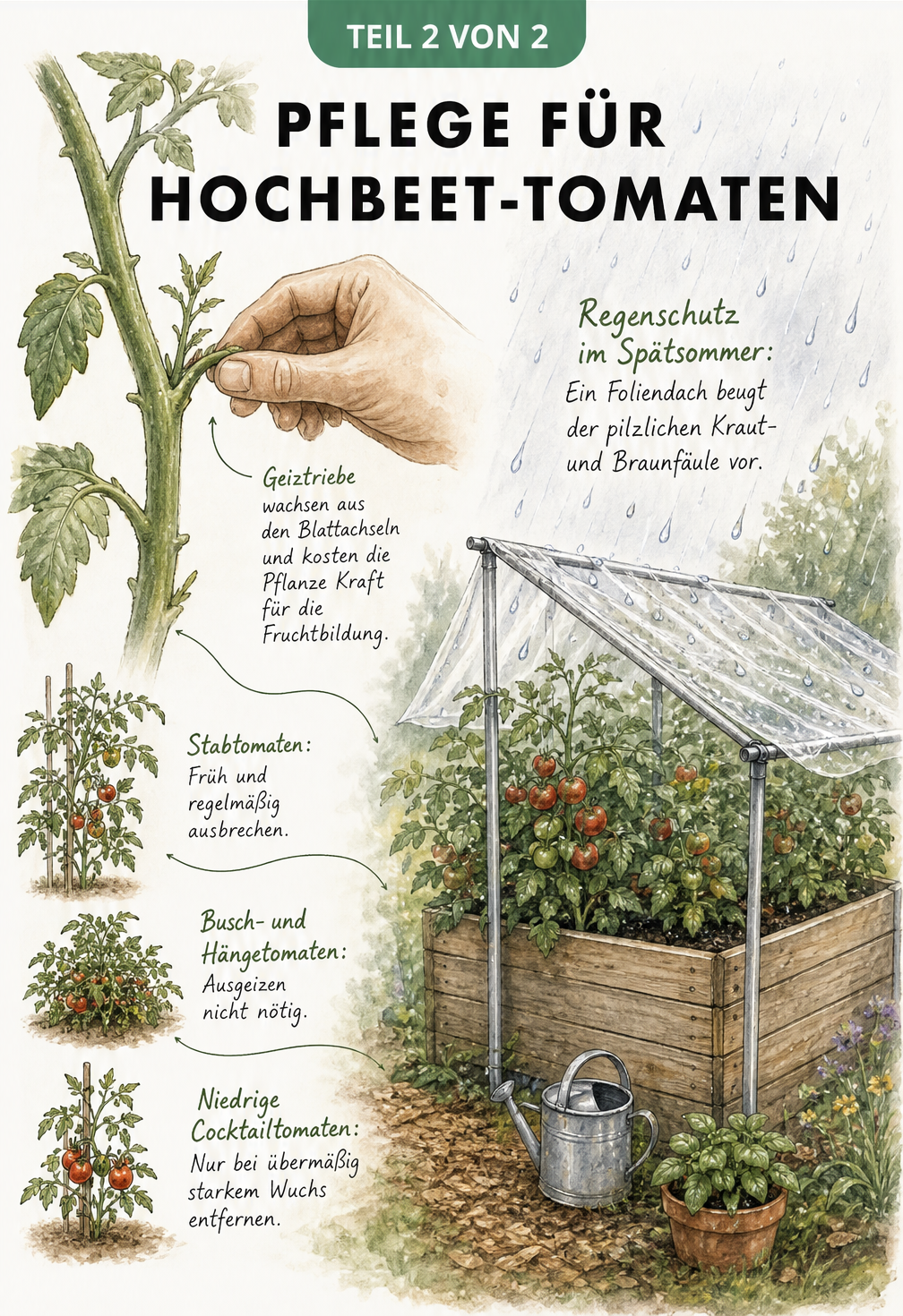 Illustration zum Ausgeizen von Tomatenpflanzen und einem Foliendach als Regenschutz im Hochbeet