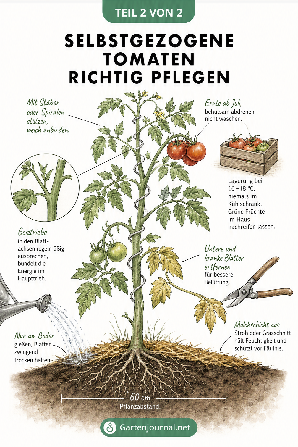 Illustration einer ausgewachsenen Tomatenpflanze im Freiland mit detaillierten Pflegehinweisen zu Mulchen, Gießen, Ausgeizen und Ernten.