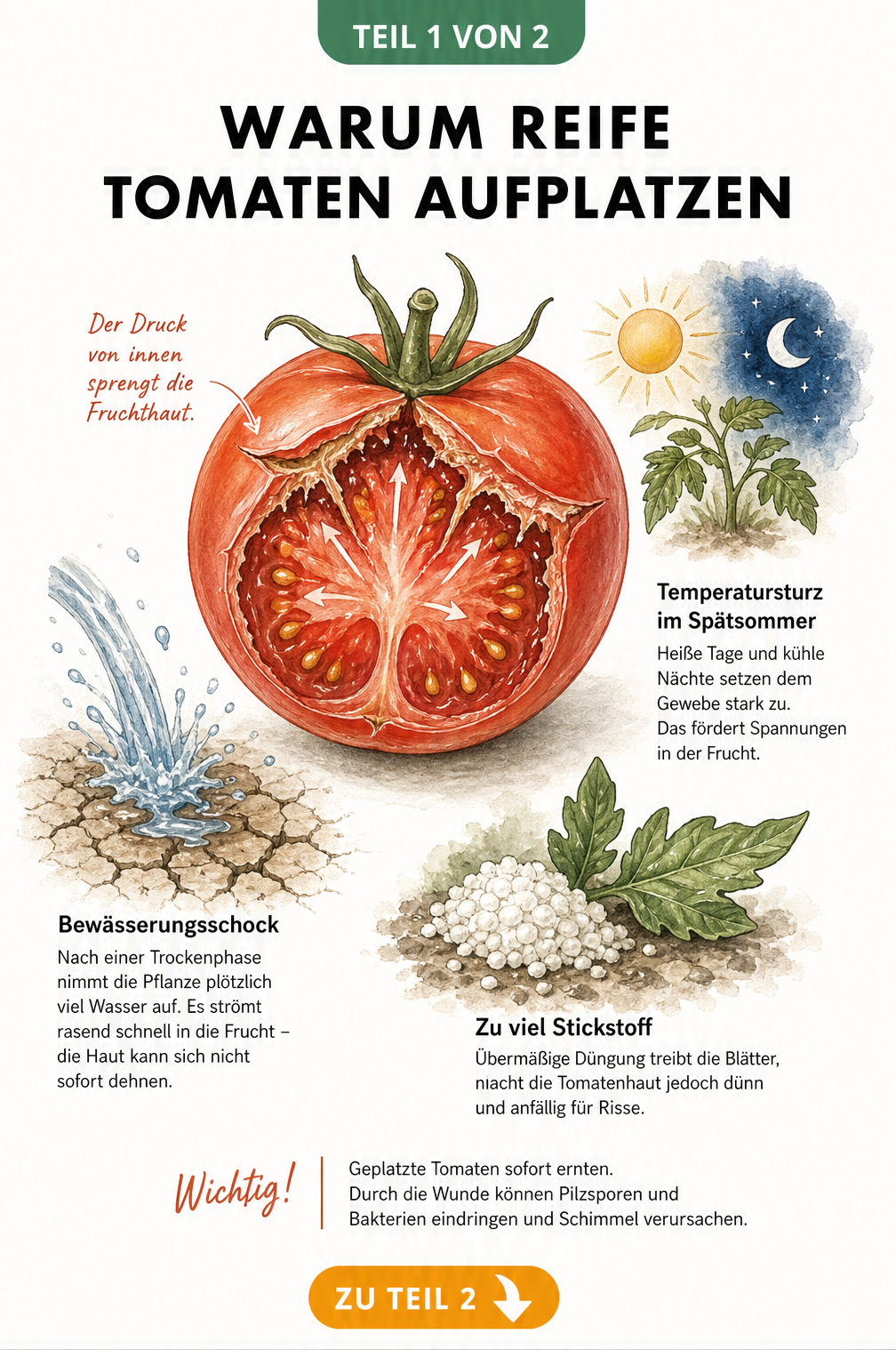 Querschnitt einer geplatzten Tomate mit Illustrationen zu Bewässerungsschock, Temperatursturz und Stickstoffüberschuss