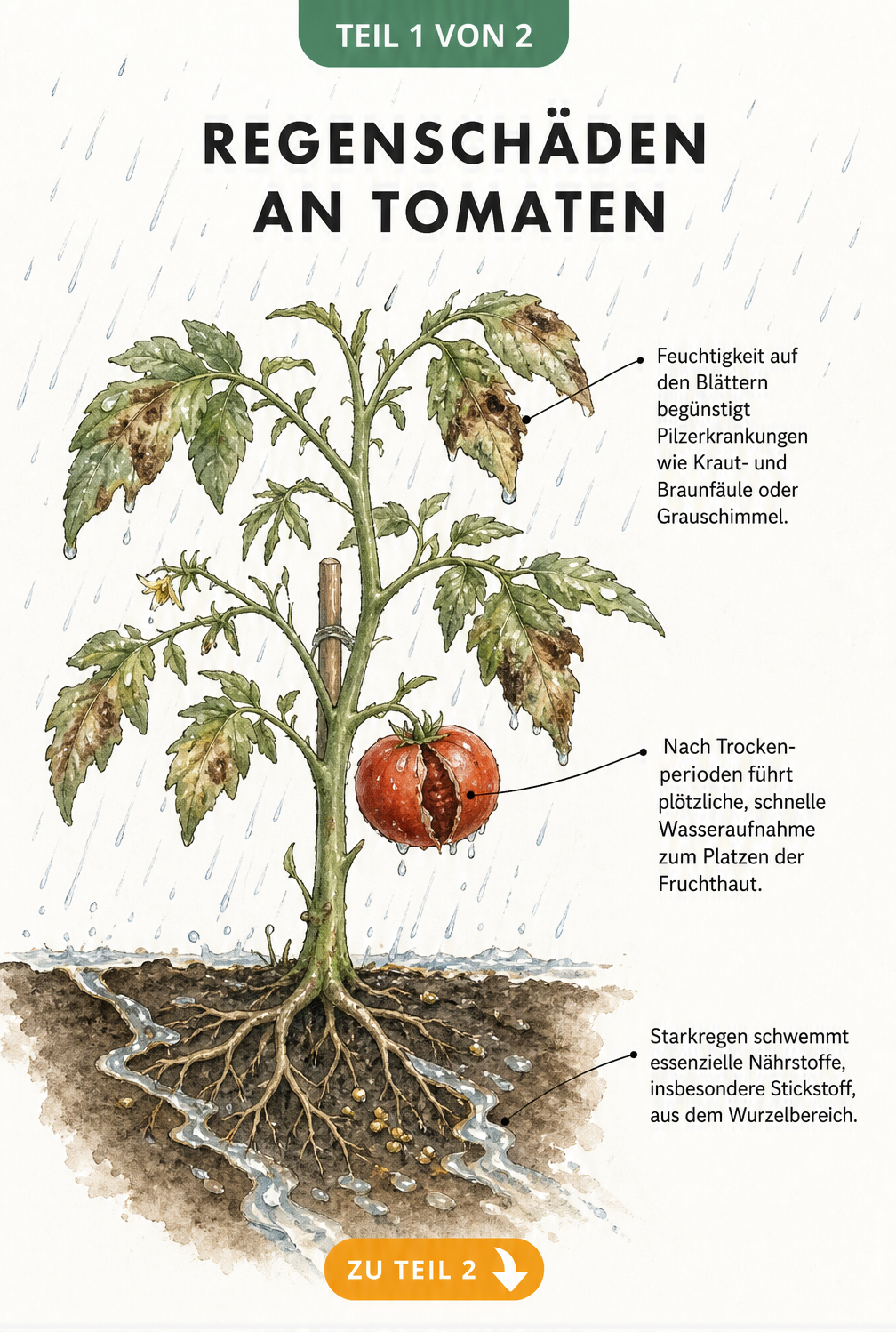 Botanische Illustration einer Tomatenpflanze, die Regenschäden wie welke Blätter durch Pilze, geplatzte Früchte und ausgewaschene Nährstoffe an den Wurzeln...