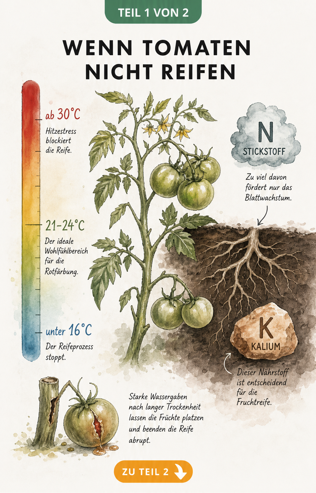 Illustration einer Tomatenpflanze mit Temperaturskala und Wurzelquerschnitt, die zeigt, warum Tomaten nicht reifen.
