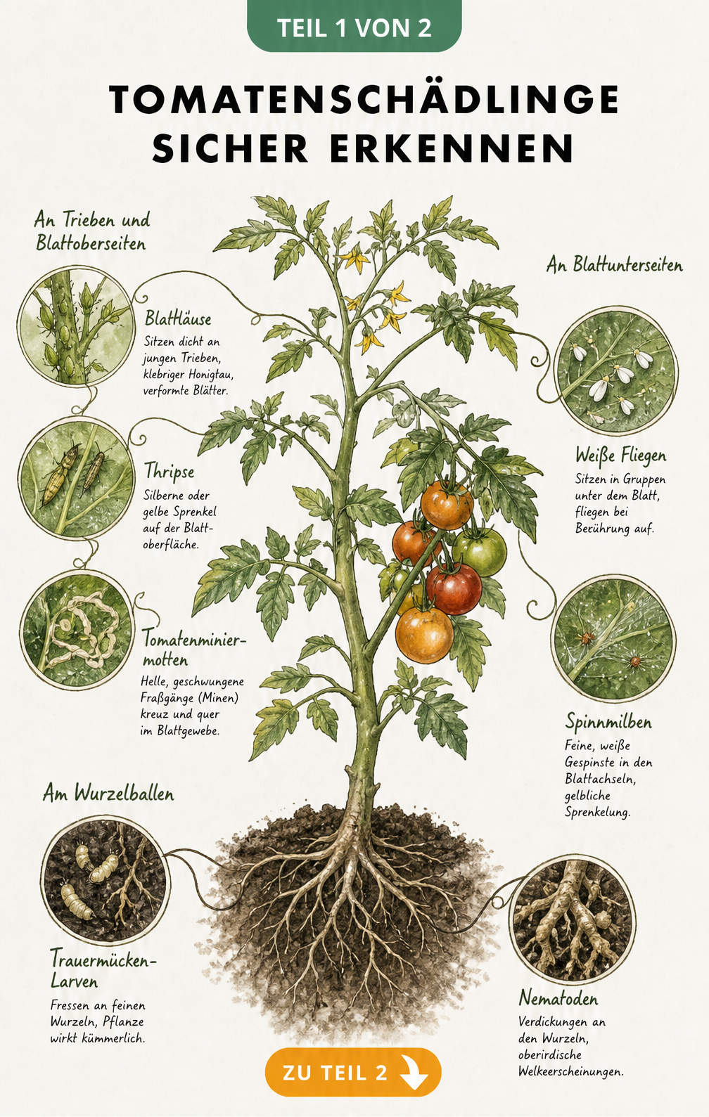 Botanische Illustration einer Tomatenpflanze mit typischen Schädlingen wie Blattläusen, Thripsen und Trauermücken an Wurzeln und Blättern
