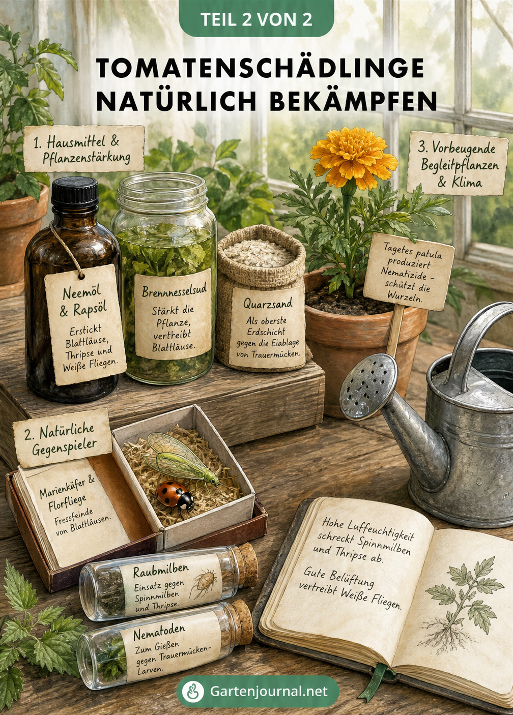 Pflanztisch im Gewächshaus mit natürlichen Mitteln gegen Tomatenschädlinge wie Neemöl, Brennnesselsud, Marienkäfer und Tagetes