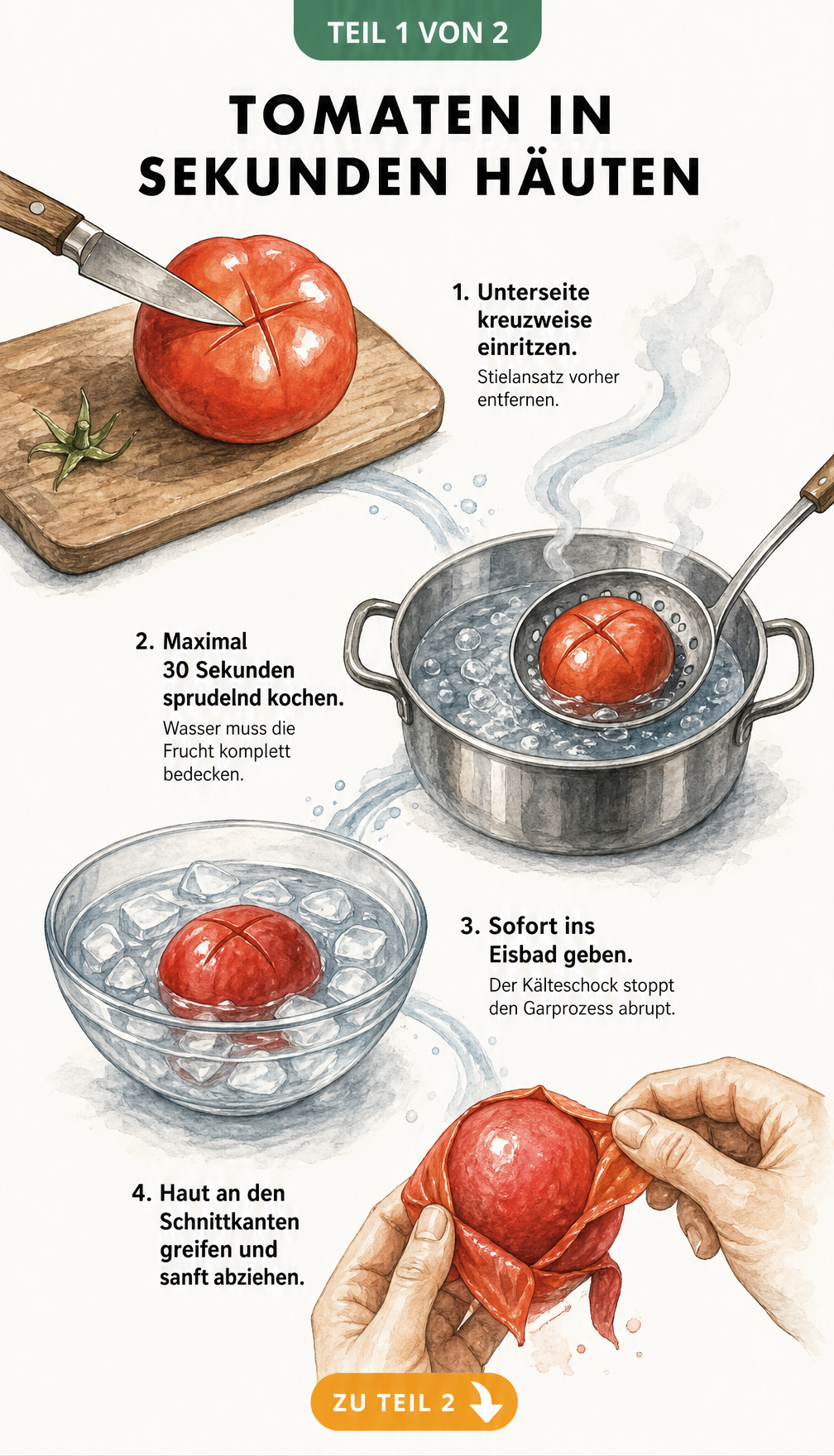 Illustration einer halbierten Tomate mit Erklärungen zu samtigem Mundgefühl, mildem Geschmack und geeigneten Sorten wie San-Marzano und Ochsenherz.