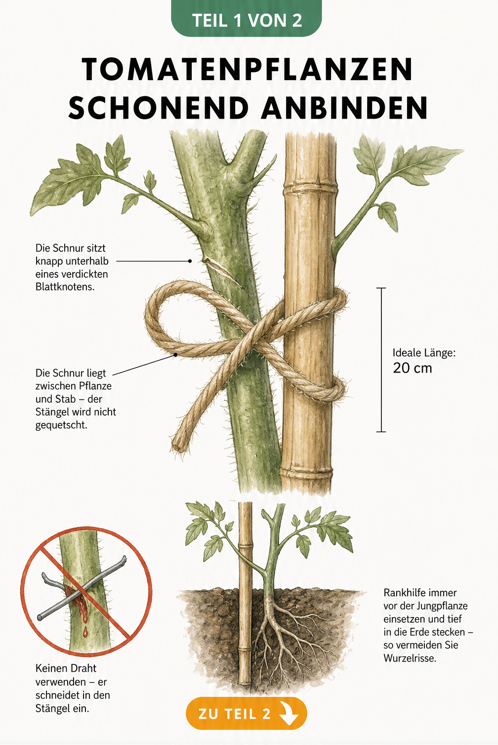 Botanische Zeichnung zeigt das schonende Anbinden eines Tomatenstängels an einen Bambusstab mit einer Juteschnur in Form einer liegenden Acht.