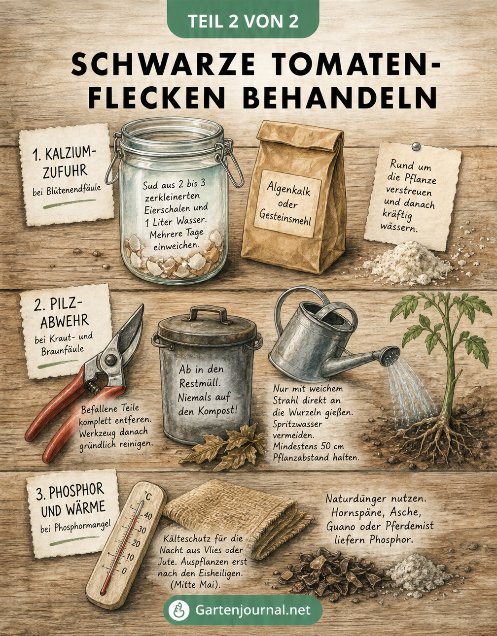 Illustration eines Pflanztisches mit Hausmitteln und Gartenutensilien zur Behandlung von Tomatenkrankheiten wie Eierschalen-Sud, Gartenschere und Kälteschutz.