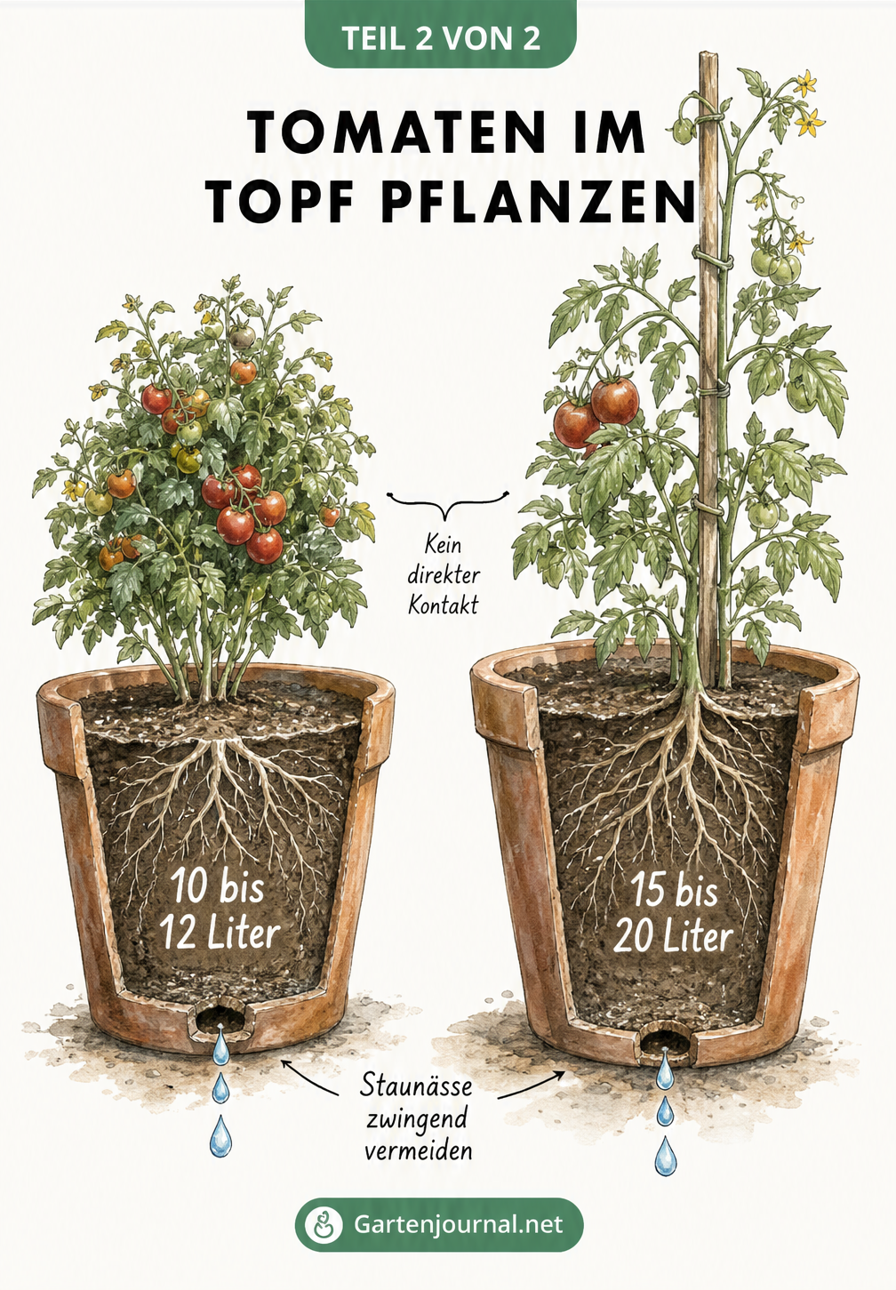 Illustration von zwei Tomatenpflanzen in Pflanzkübeln im Querschnitt, die den nötigen Abstand und das Topfvolumen von 10 bis 20 Litern zeigt.
