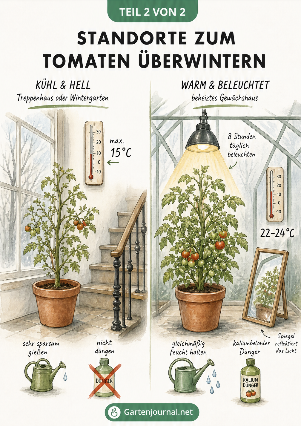 Vergleich zweier Überwinterungsstandorte für Tomaten: Ein kühles Treppenhaus mit 15 Grad und sparsamer Bewässerung gegenüber einem beheizten Gewächshaus mit 22...
