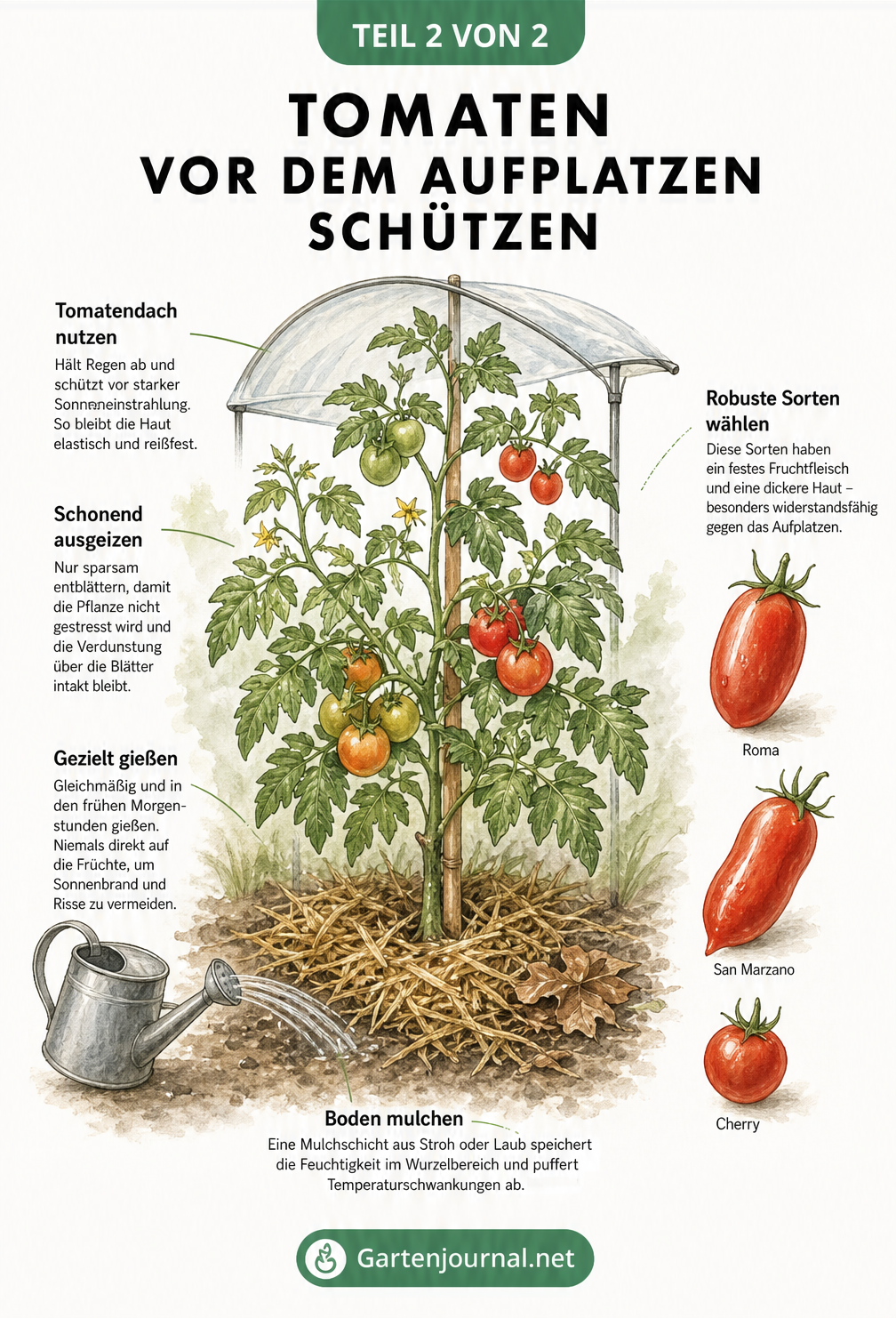 Illustration einer gesunden Tomatenpflanze mit Tipps zu Mulchen, Gießen, Ausgeizen und robusten Sorten