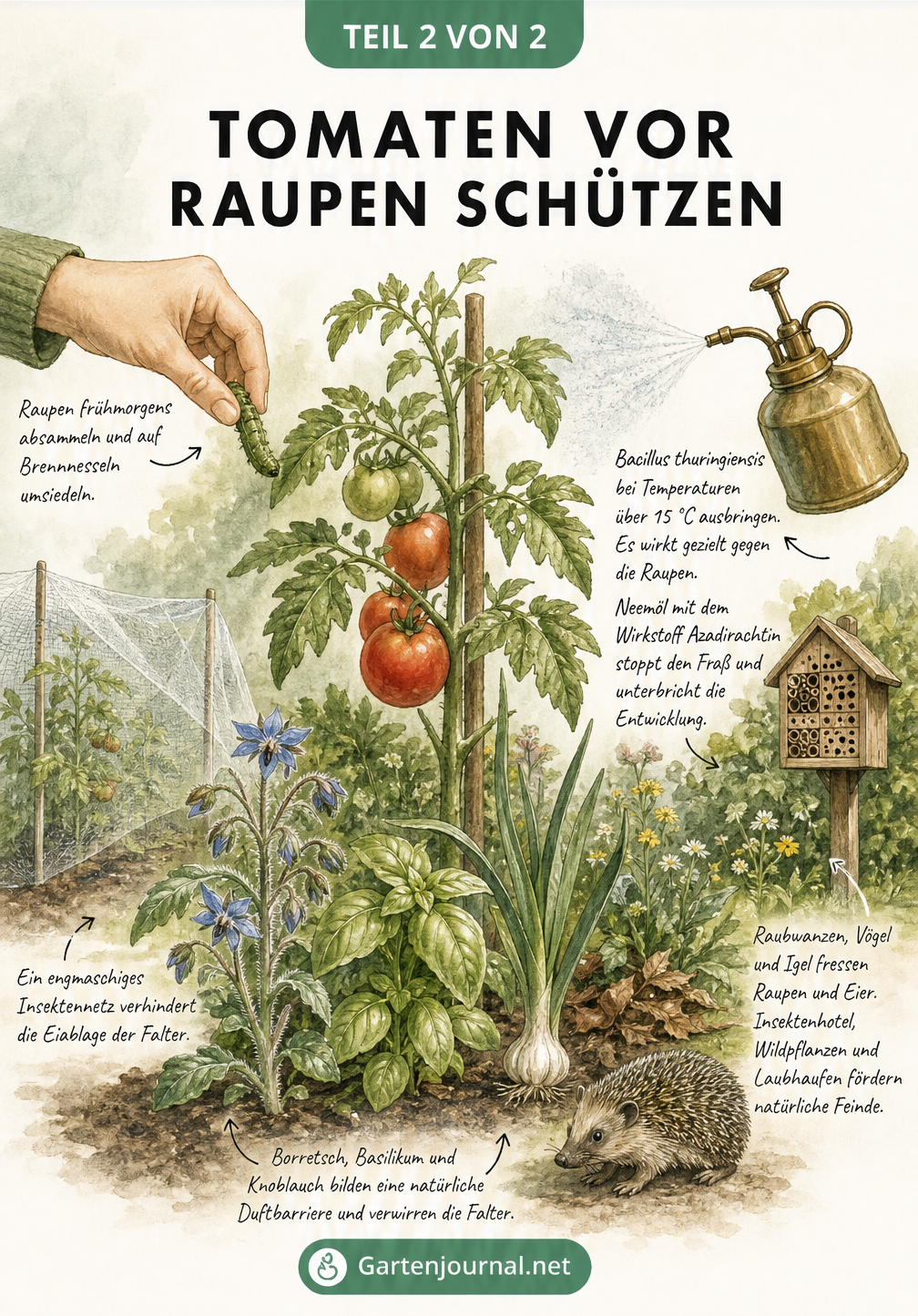 Aquarellierte Gartenszene mit Tomatenpflanze, Absammeln von Raupen, biologischen Spritzmitteln und Begleitpflanzen wie Basilikum