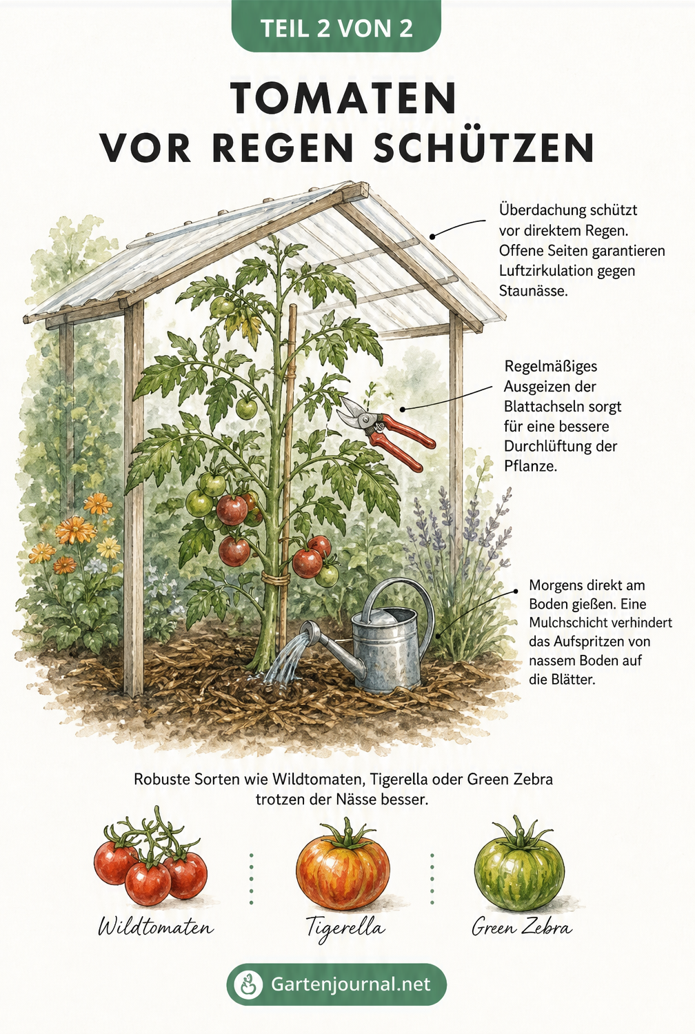 Skizze einer Tomatenpflanze unter einem transparenten Dach, mit Hinweisen zum Ausgeizen, Gießen am Boden und robusten Sorten.