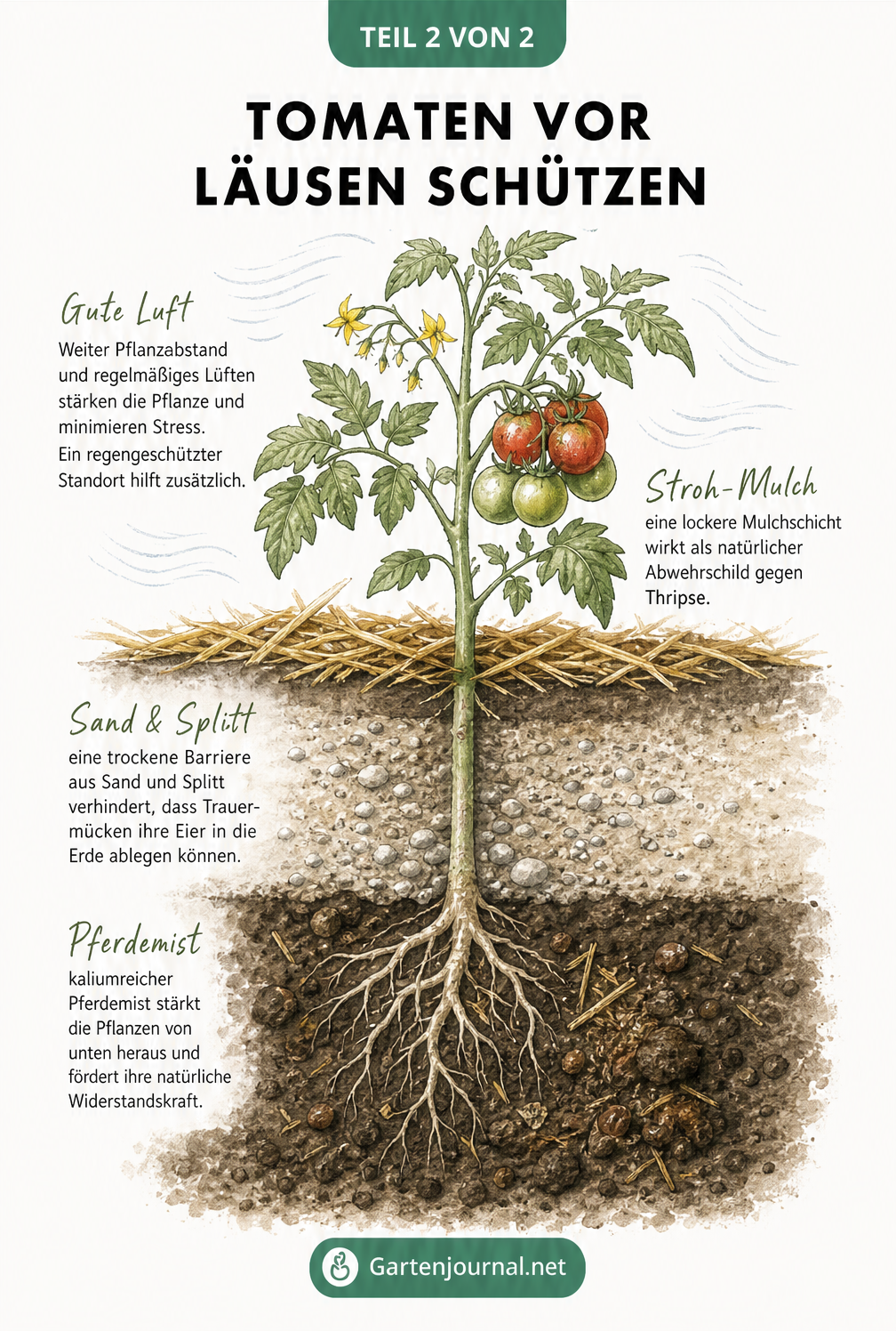 Querschnitt einer Tomatenpflanze, der präventive Maßnahmen wie Pferdemist, Sandbarriere gegen Trauermücken und Strohmulch zeigt.