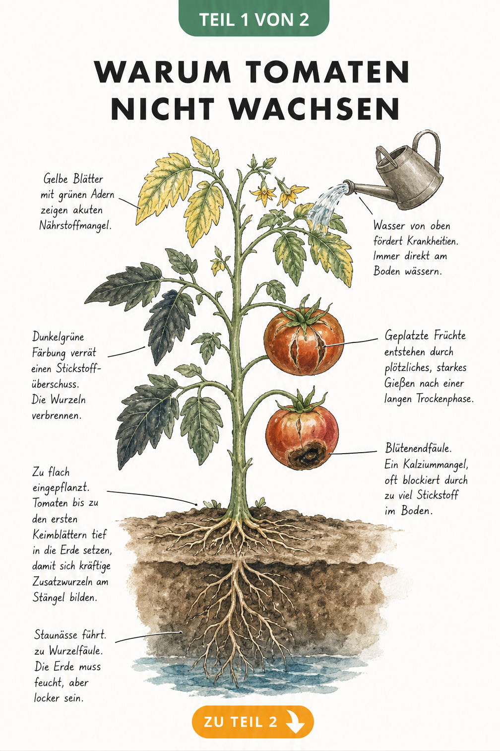 Querschnitt einer kränkelnden Tomatenpflanze mit Symptomen wie gelben Blättern, geplatzten Früchten und Wurzelfäule durch Staunässe