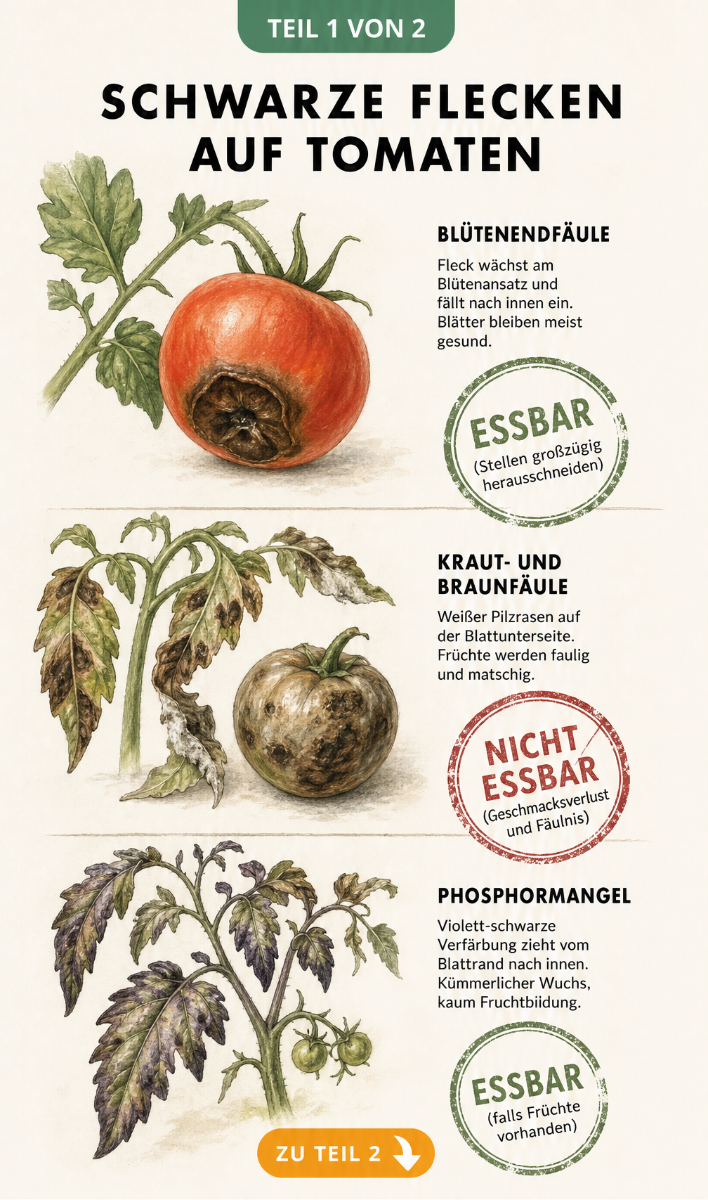 Botanische Lehrtafel zeigt drei Ursachen für schwarze Flecken auf Tomaten: Blütenendfäule, Kraut- und Braunfäule sowie Phosphormangel mit Diagnose und...