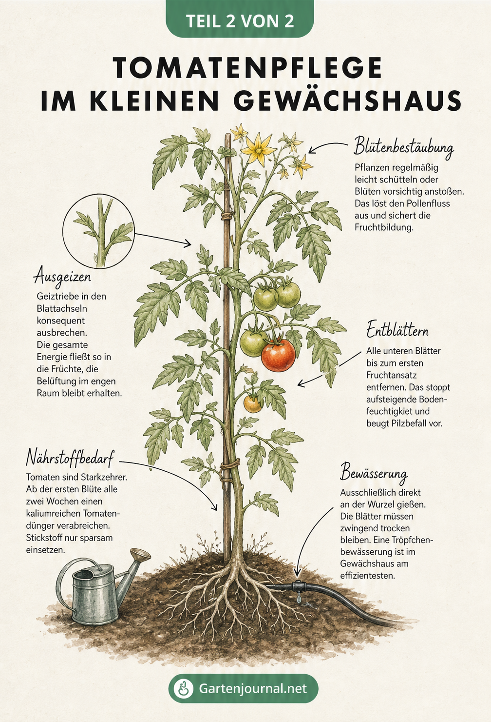 Botanische Illustration einer Tomatenpflanze mit Pflegehinweisen zu Blütenbestäubung, Ausgeizen, Entblättern, Nährstoffbedarf und Bewässerung