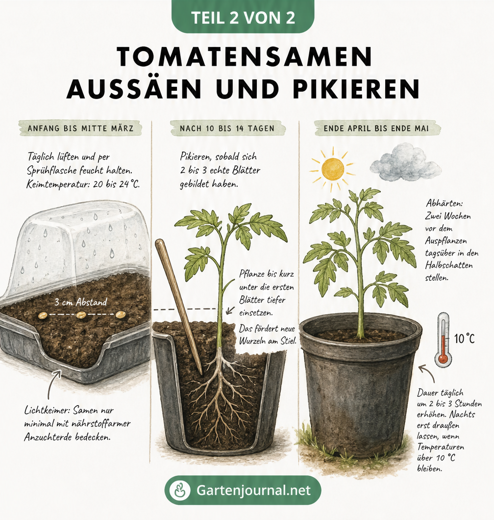 Querschnitt-Illustration vom Aussäen der Tomatensamen bis zum Pikieren und Abhärten der Jungpflanzen
