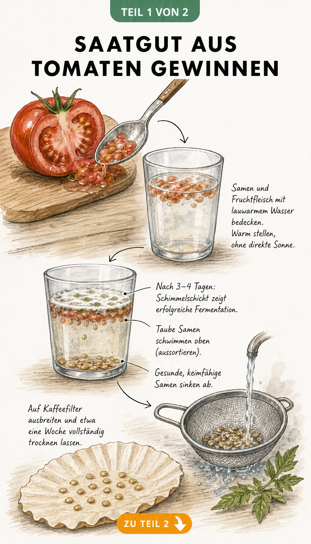 Illustration der Fermentation von Tomatensamen in einem Wasserglas